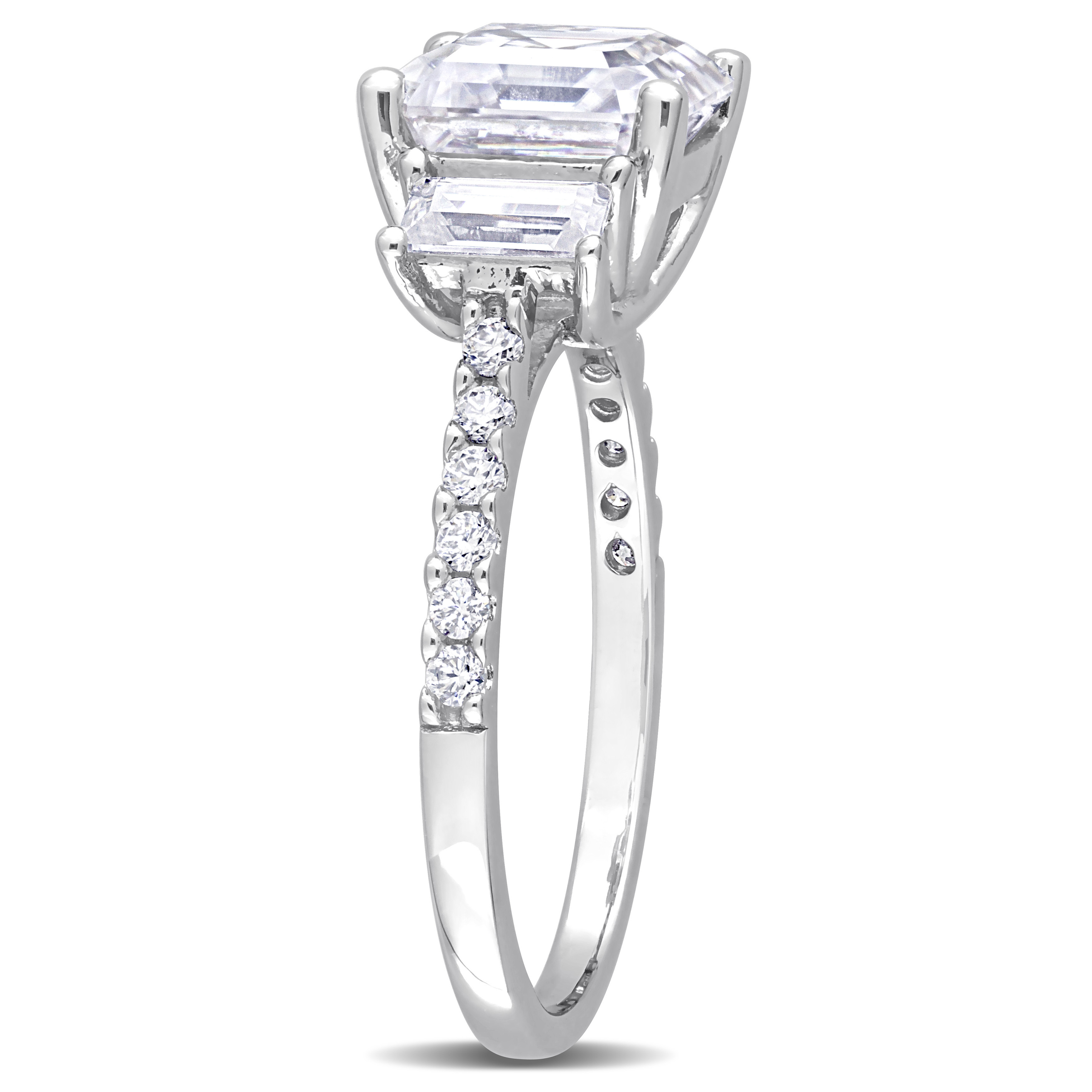 3 1/5 CT DEW Octagon Asscher and Baguette Created Moissanite Three Stone Ring in Sterling Silver