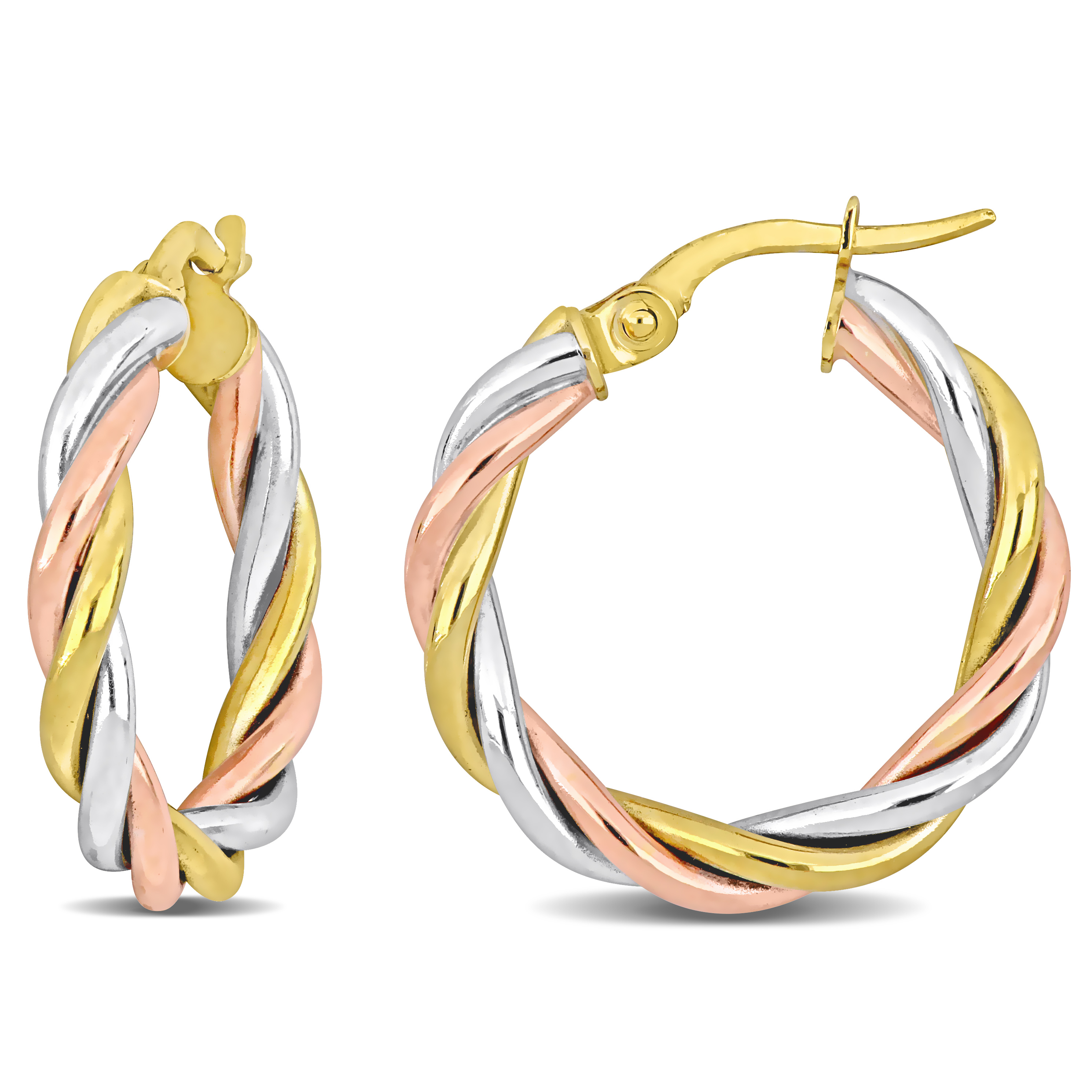 15.5 MM Twisted Hoop Earrings in 3-Tone 10k Yellow, Rose and White Gold