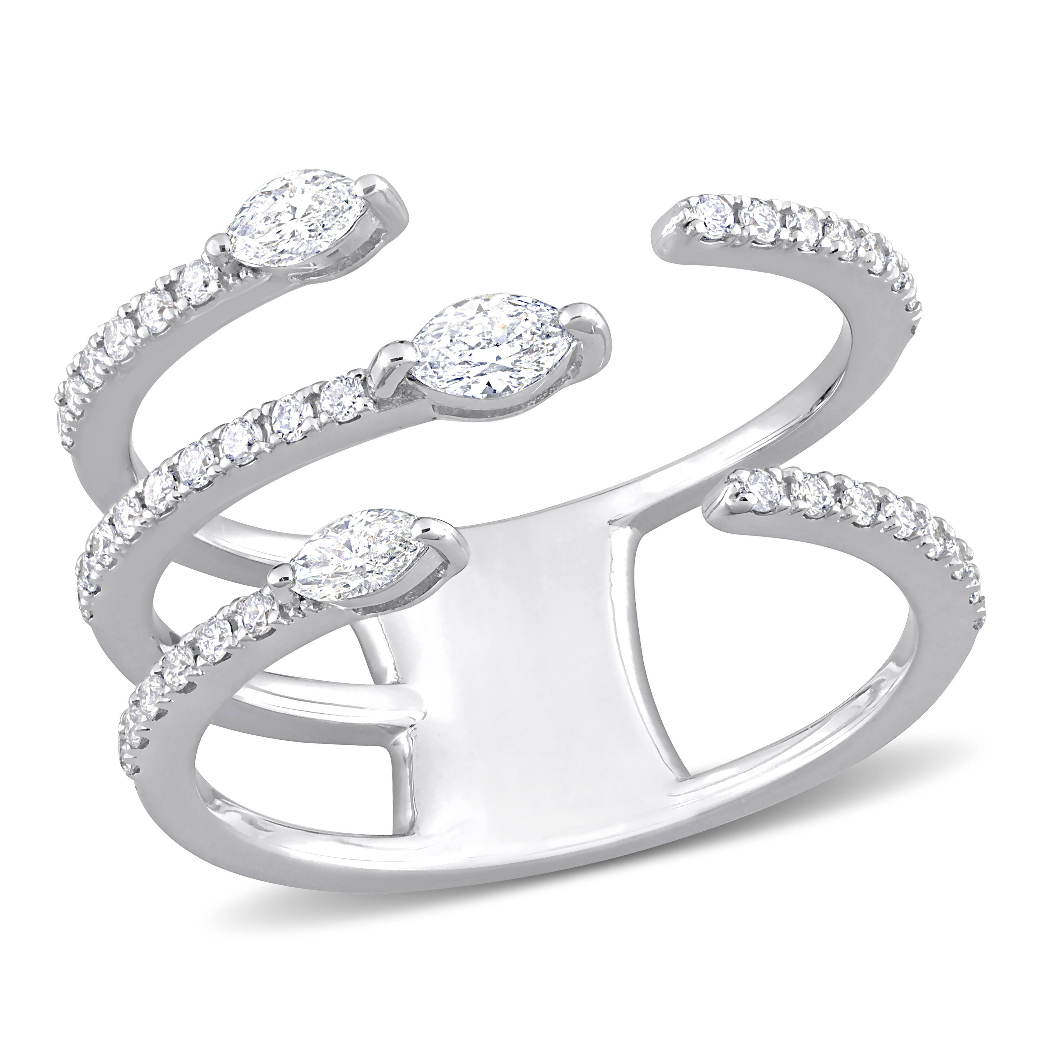 1/2 CT TDW Marquise and Round-Cut Diamond Three-Row Ring in 14k White Gold