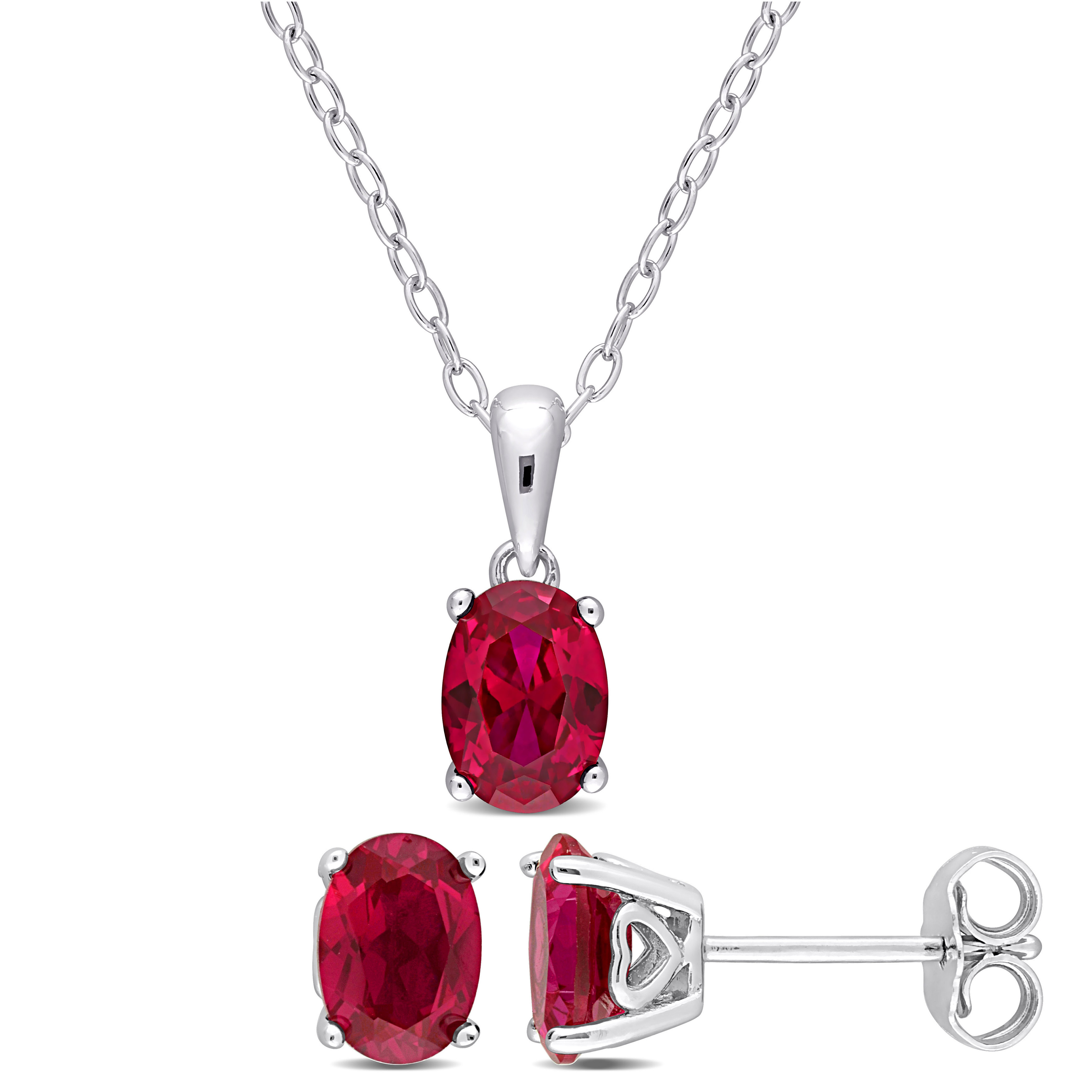 3 4/5 CT TGW Oval Created Ruby 2-Piece Solitaire Pendant with Chain and Stud Earrings Set in Sterling Silver