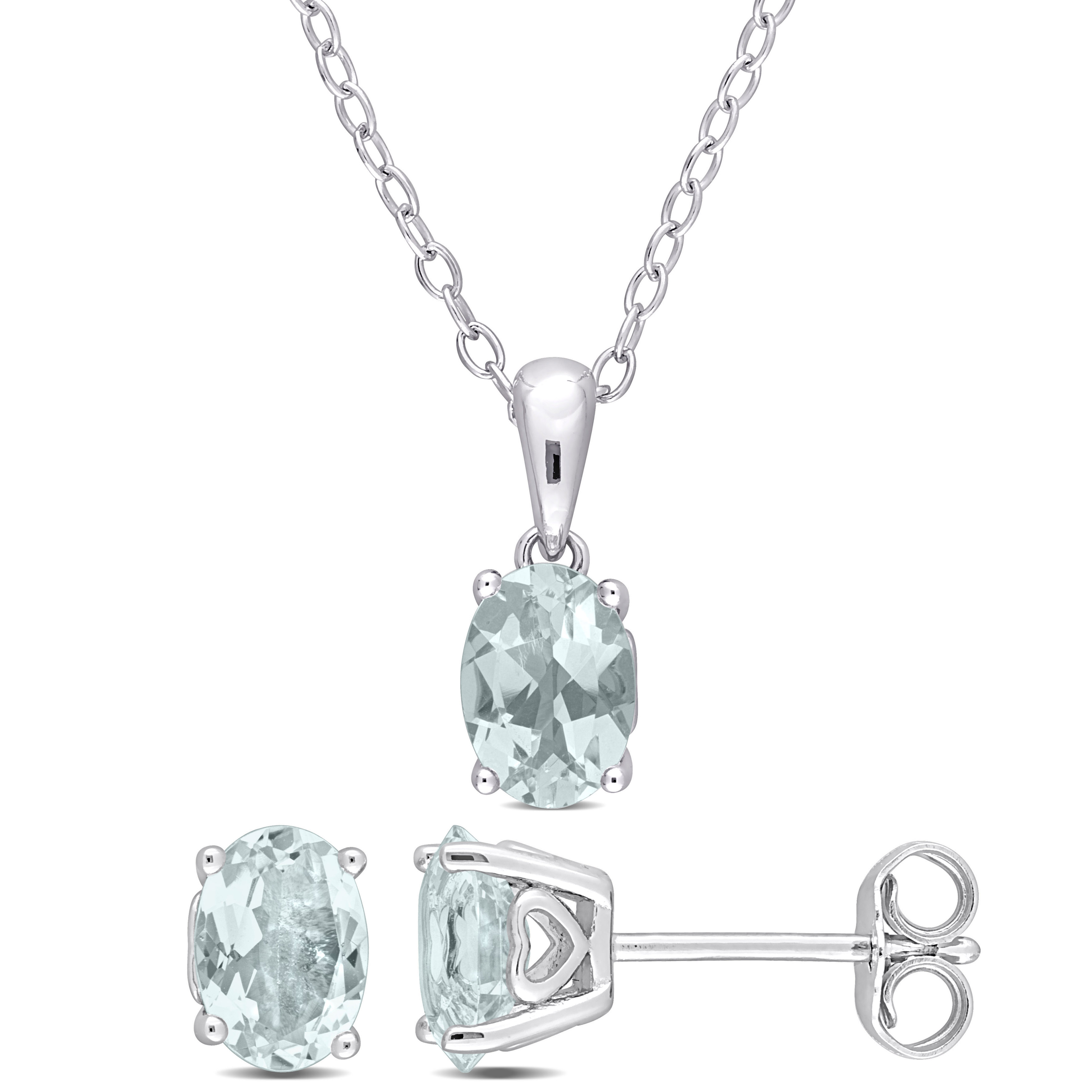 1 4/5 CT TGW Oval Aquamarine 2-Piece Solitaire Pendant with Chain and Stud Earrings Set in Sterling Silver