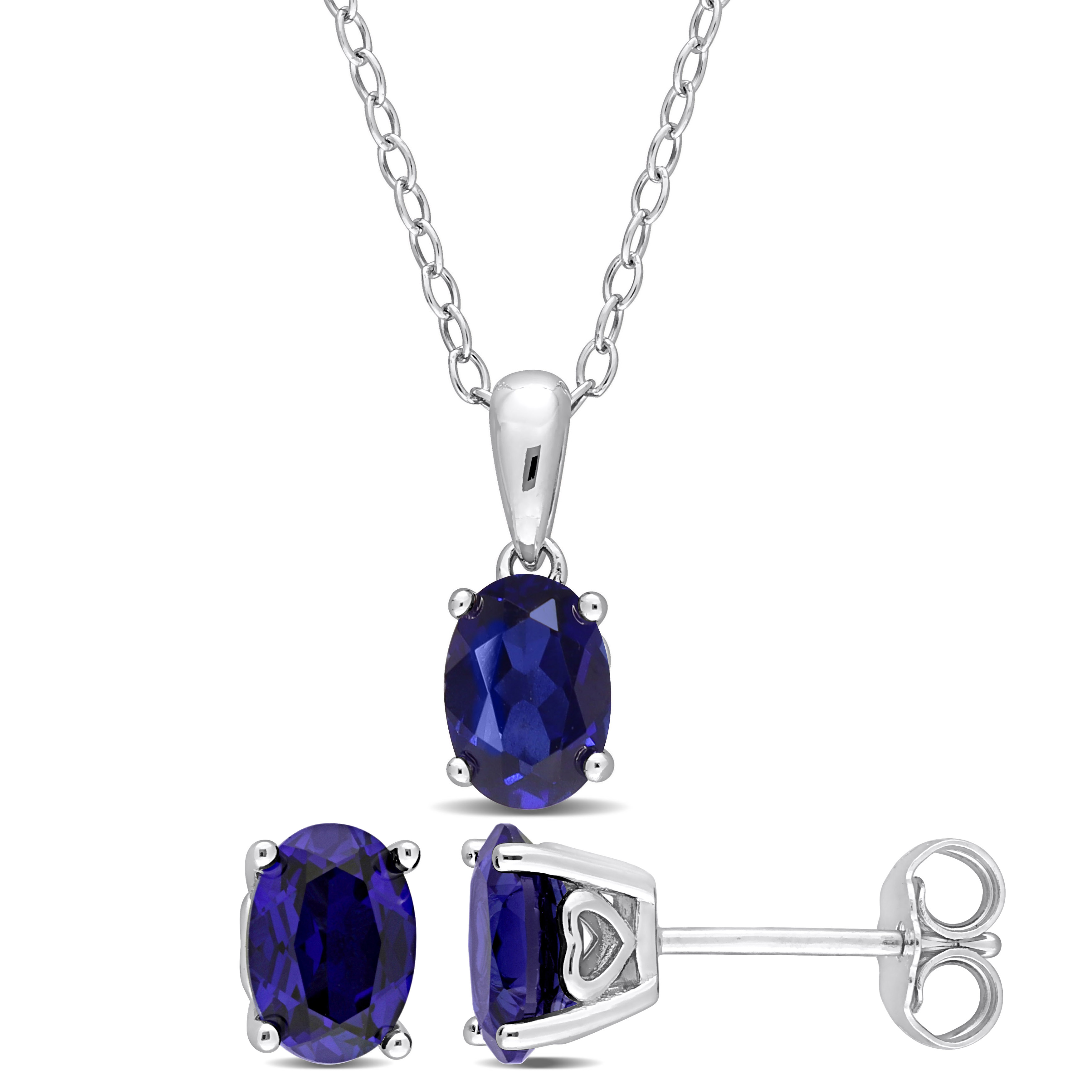 3 4/5 CT TGW Oval Created Blue Sapphire 2-Piece Solitaire Pendant with Chain and Stud Earrings Set in Sterling Silver