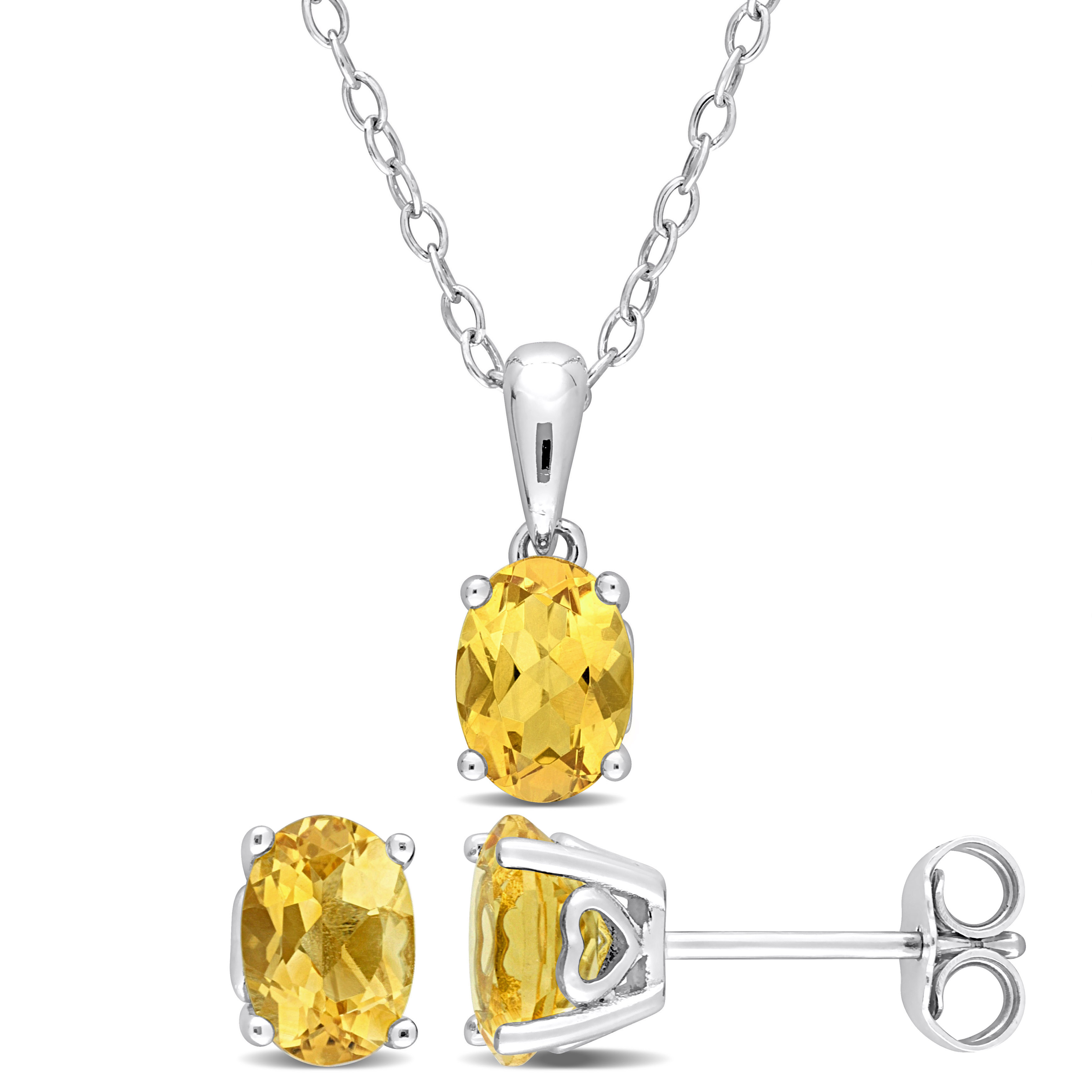 2 1/10 CT TGW Oval Citrine 2-Piece Solitaire Pendant with Chain and Stud Earrings Set in Sterling Silver