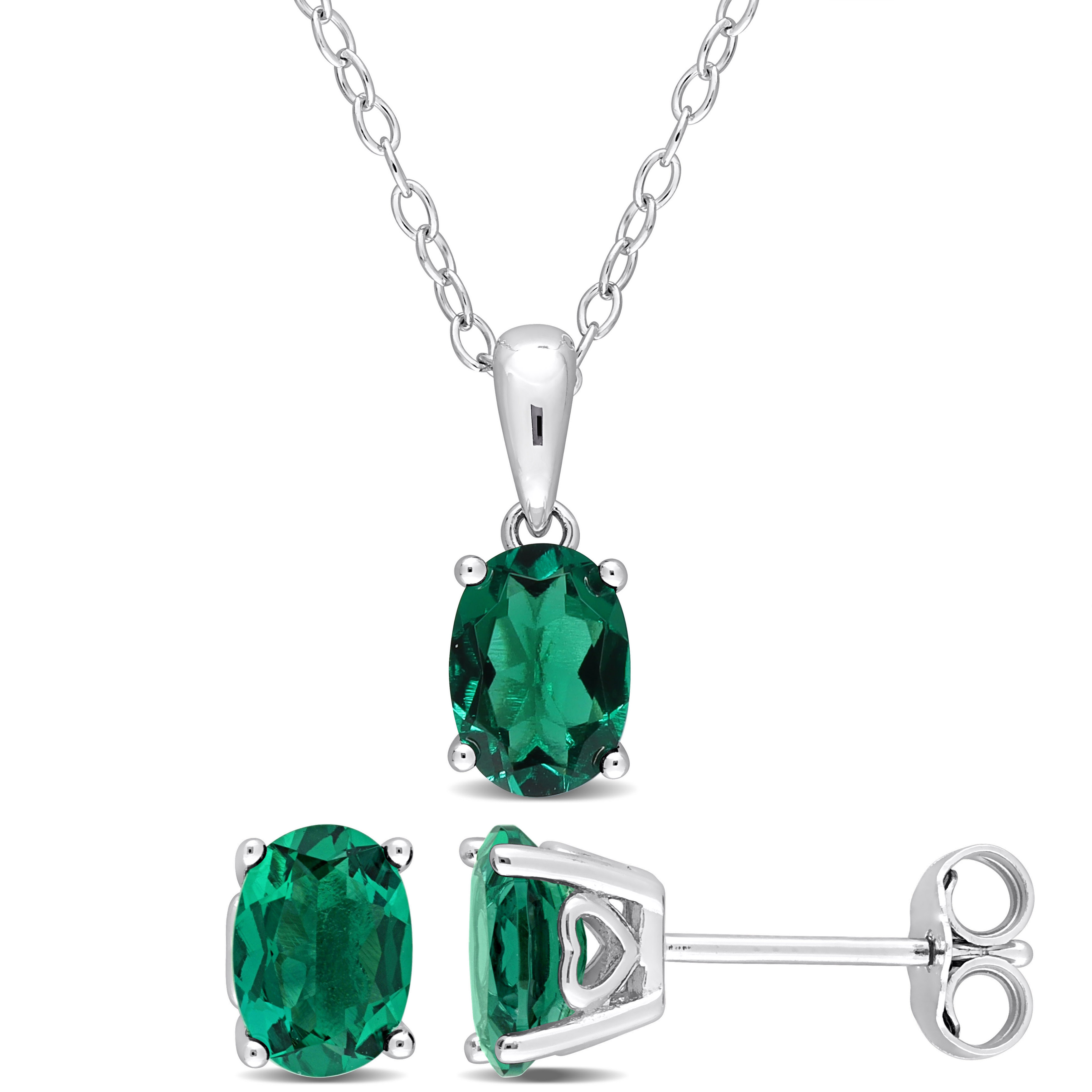 2 1/10 CT TGW Oval Created Emerald 2-Piece Solitaire Pendant with Chain and Stud Earrings Set in Sterling Silver