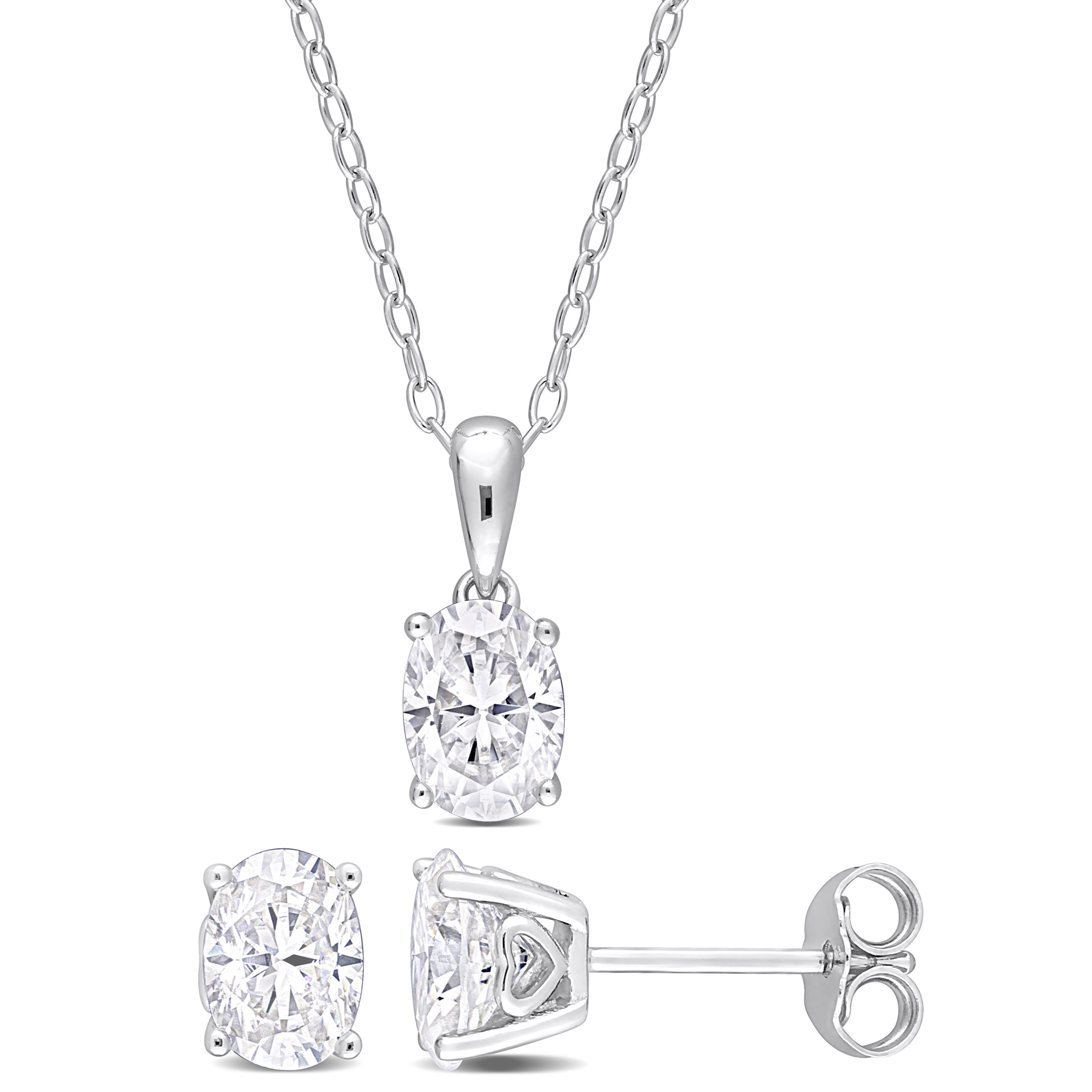 3 CT TGW Oval Created Moissanite 2-Piece Solitaire Pendant with Chain and Stud Earrings Set in Sterling Silver