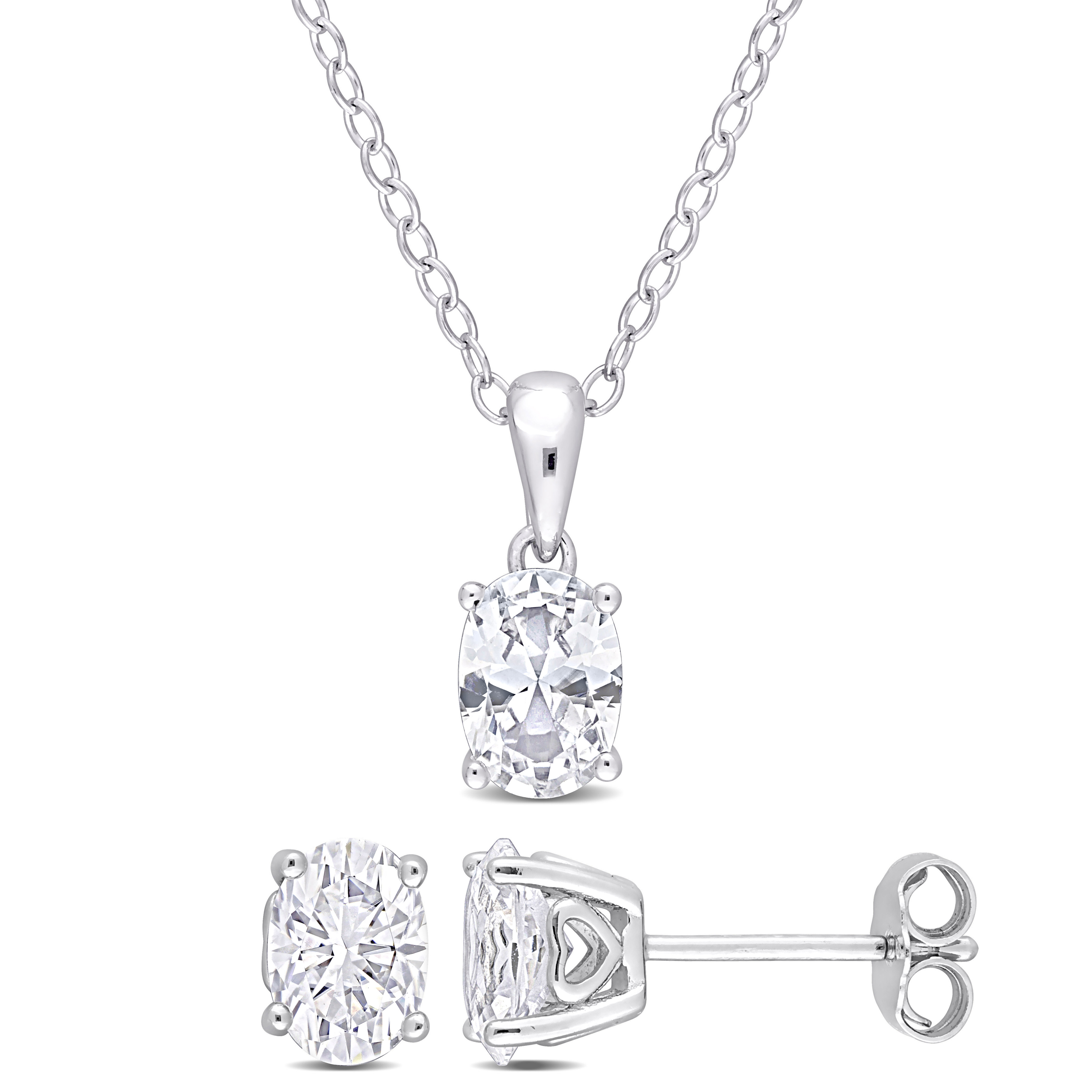 3 4/5 CT TGW Oval Created White Sapphire 2-Piece Set of Pendant with Chain and Earrings in Sterling Silver