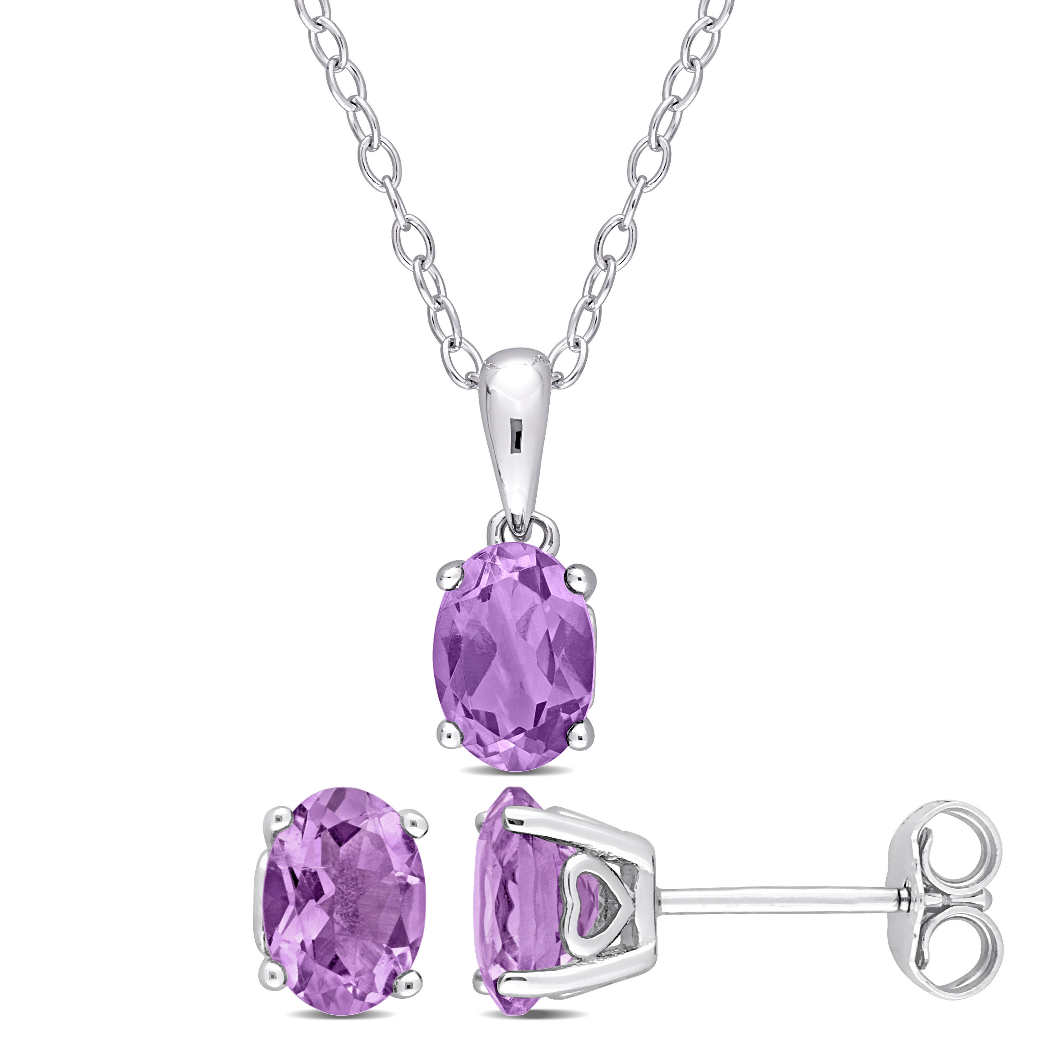 2 1/10 CT TGW Oval Amethyst 2-Piece Solitaire Pendant with Chain and Stud Earrings Set in Sterling Silver