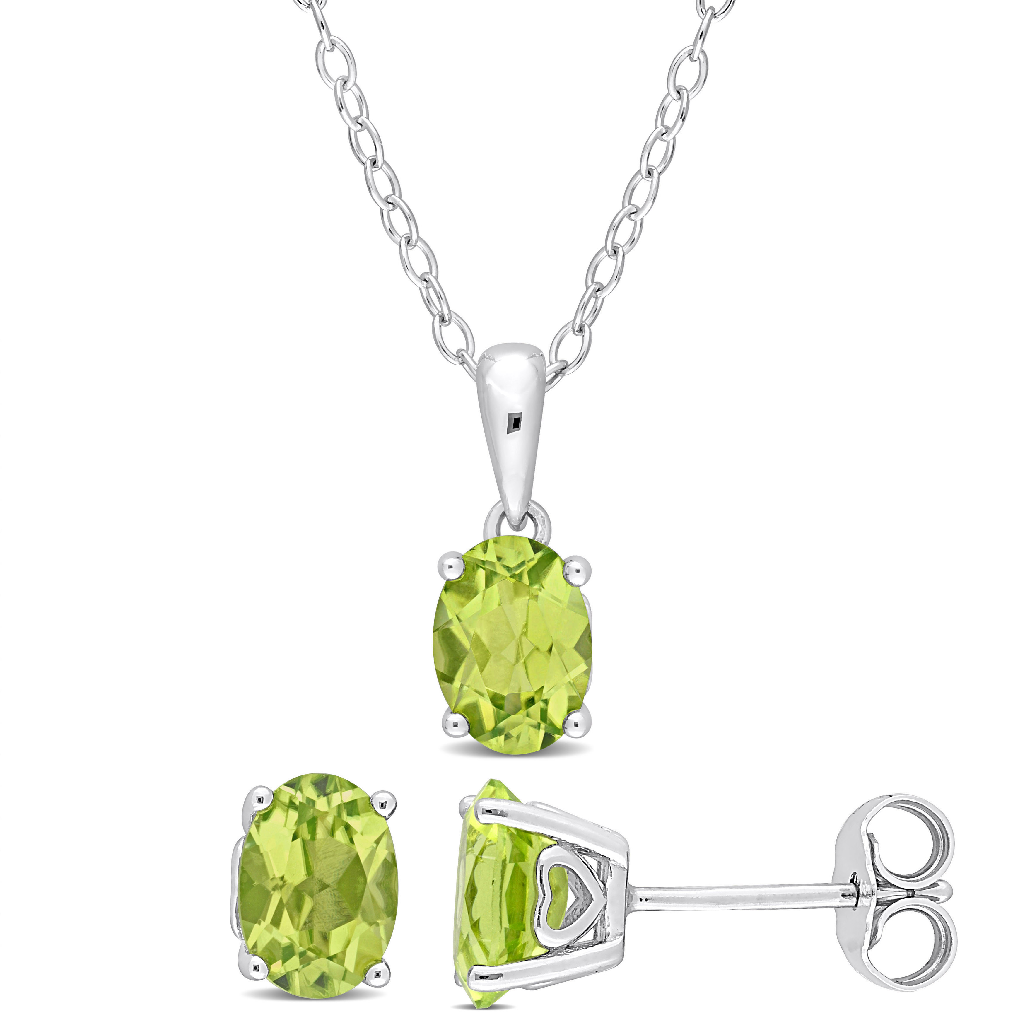 2 1/2 CT TGW Oval Peridot 2-Piece Solitaire Pendant with Chain and Stud Earrings Set in Sterling Silver