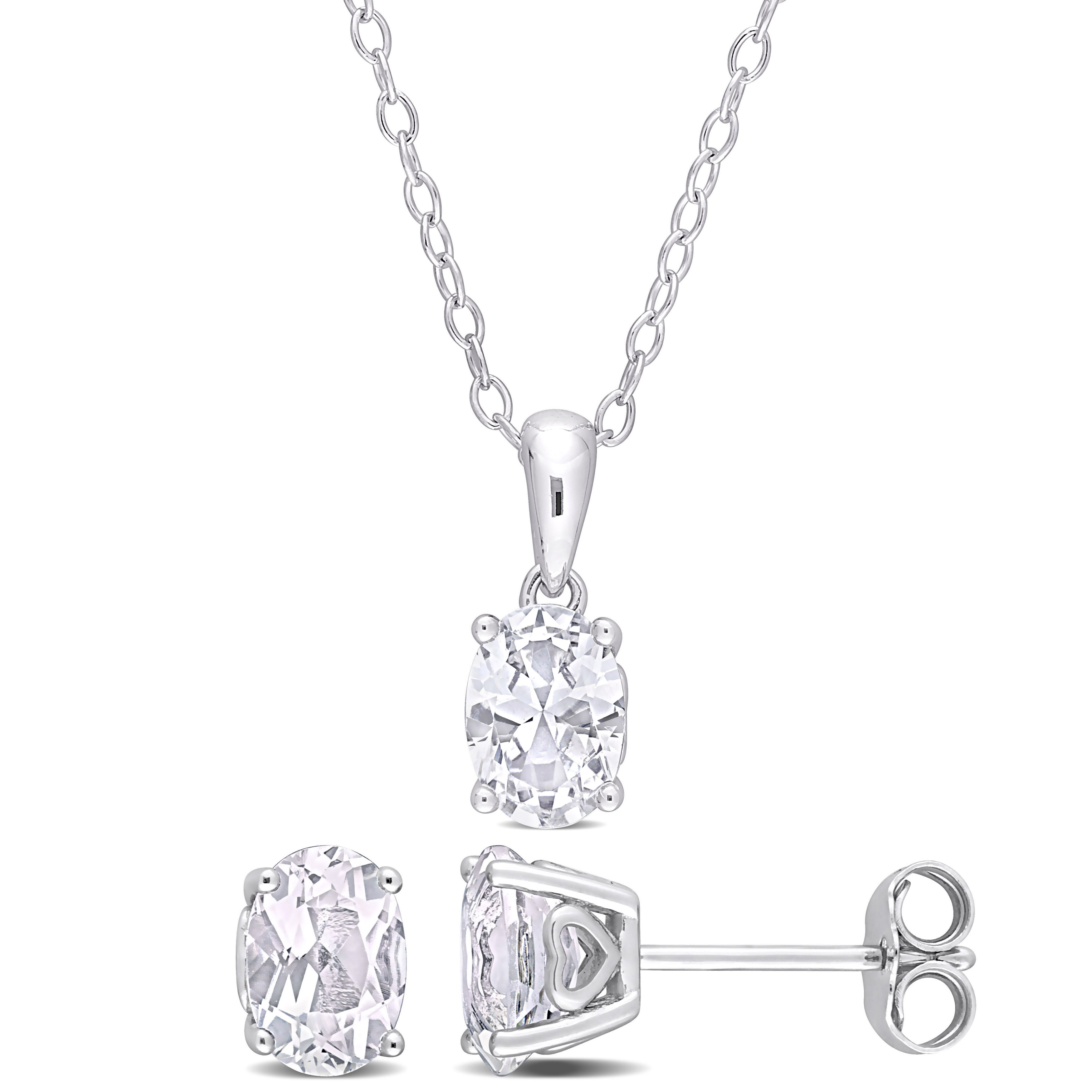 2 3/4 CT TGW Oval White Topaz 2-Piece Solitaire Pendant with Chain and Stud Earrings Set in Sterling Silver