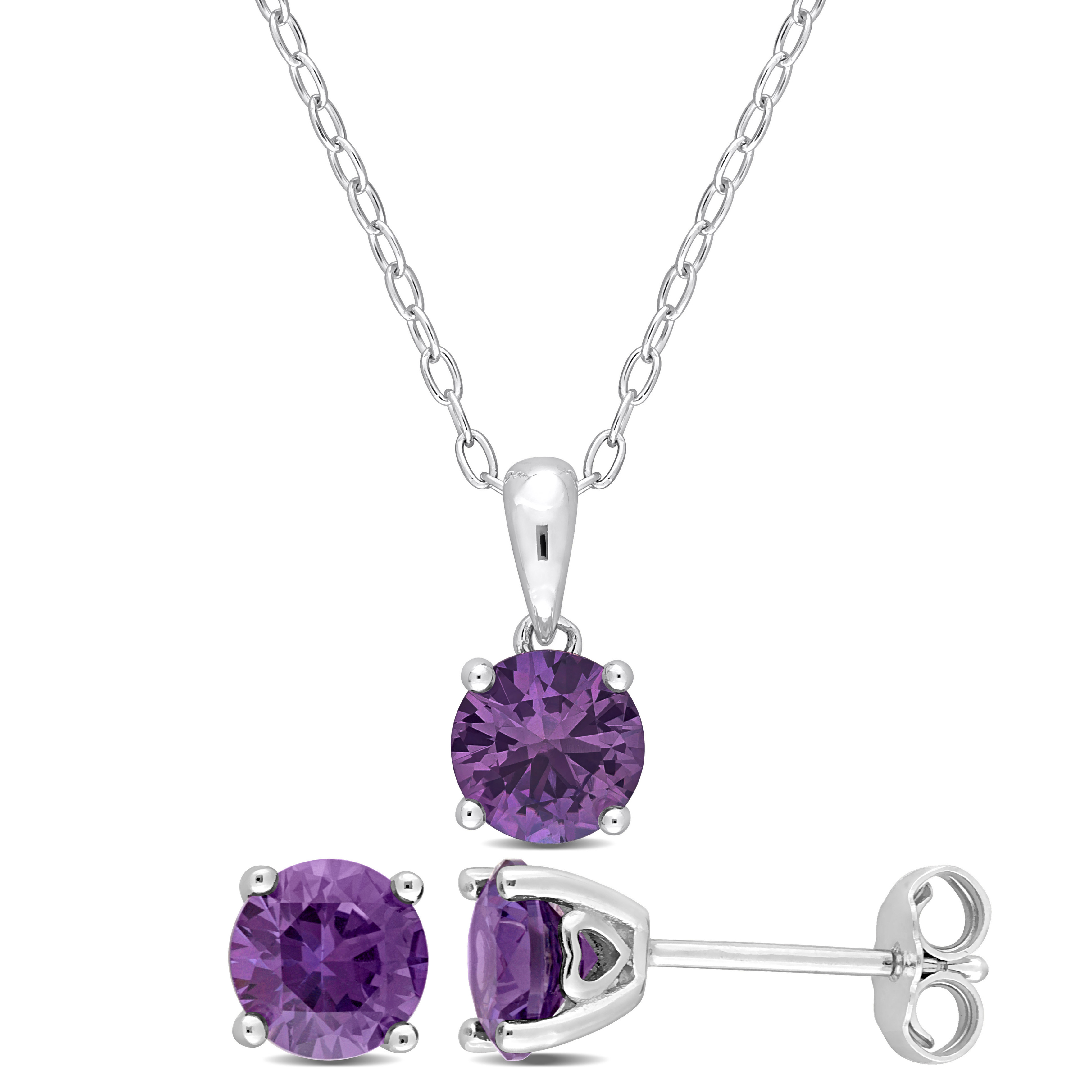 3 CT TGW Simulated Alexandrite 2-Piece Solitaire Pendant with Chain and Stud Earrings Set in Sterling Silver