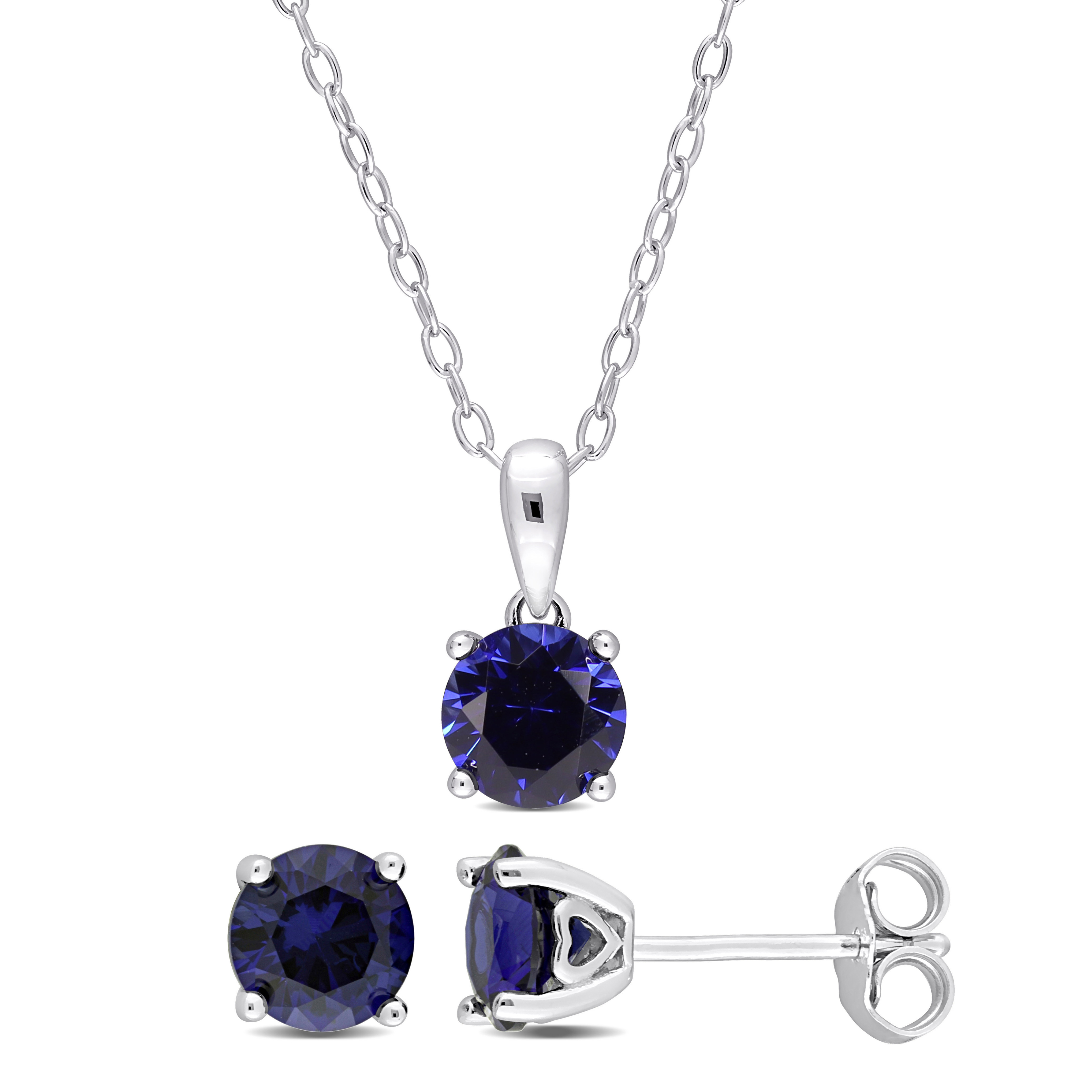 3 CT TGW Created Blue Sapphire 2-Piece Solitaire Pendant with Chain and Stud Earrings Set in Sterling Silver