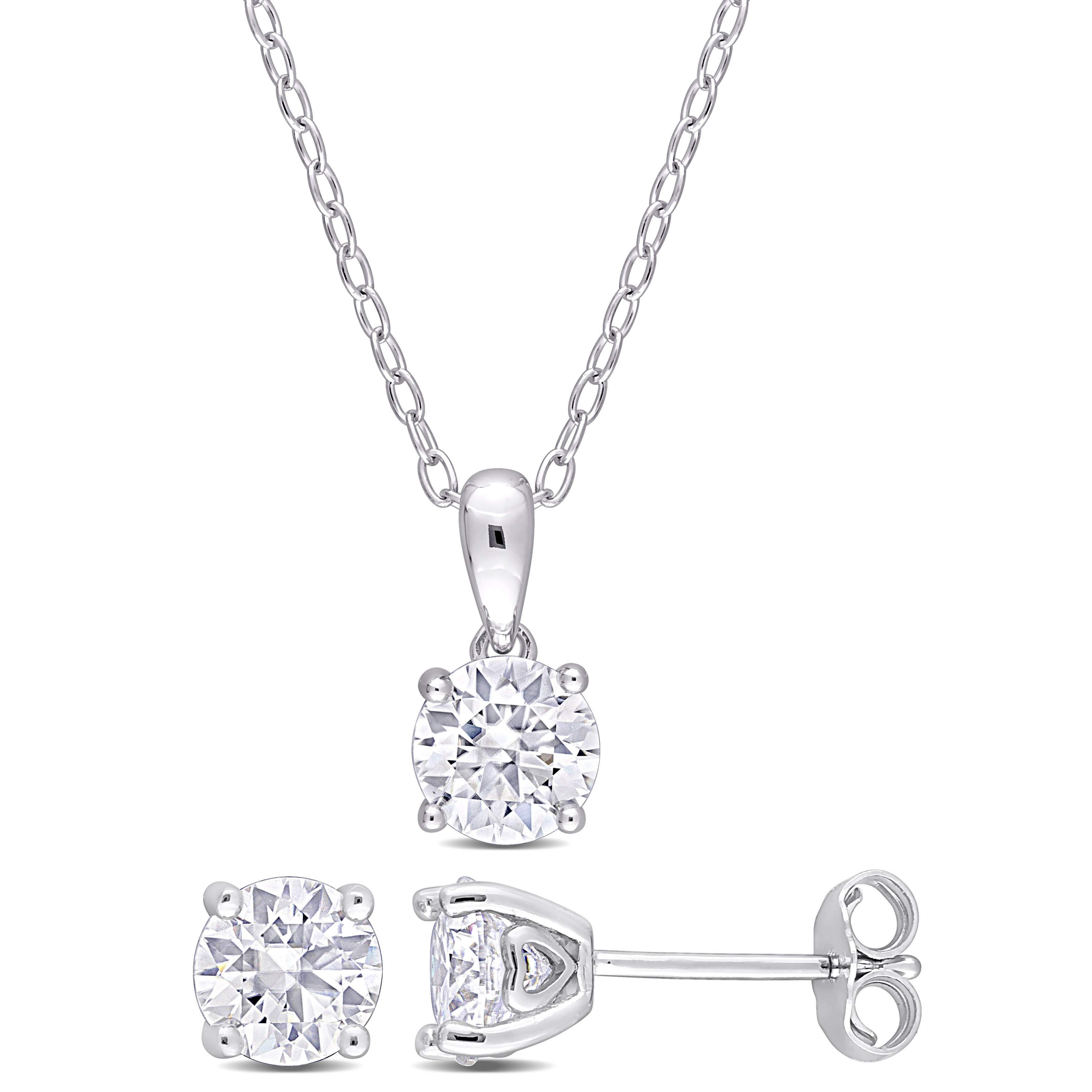 2 1/10 CT TGW Created Moissanite 2-Piece Solitaire Pendant with Chain and Stud Earrings Set in Sterling Silver
