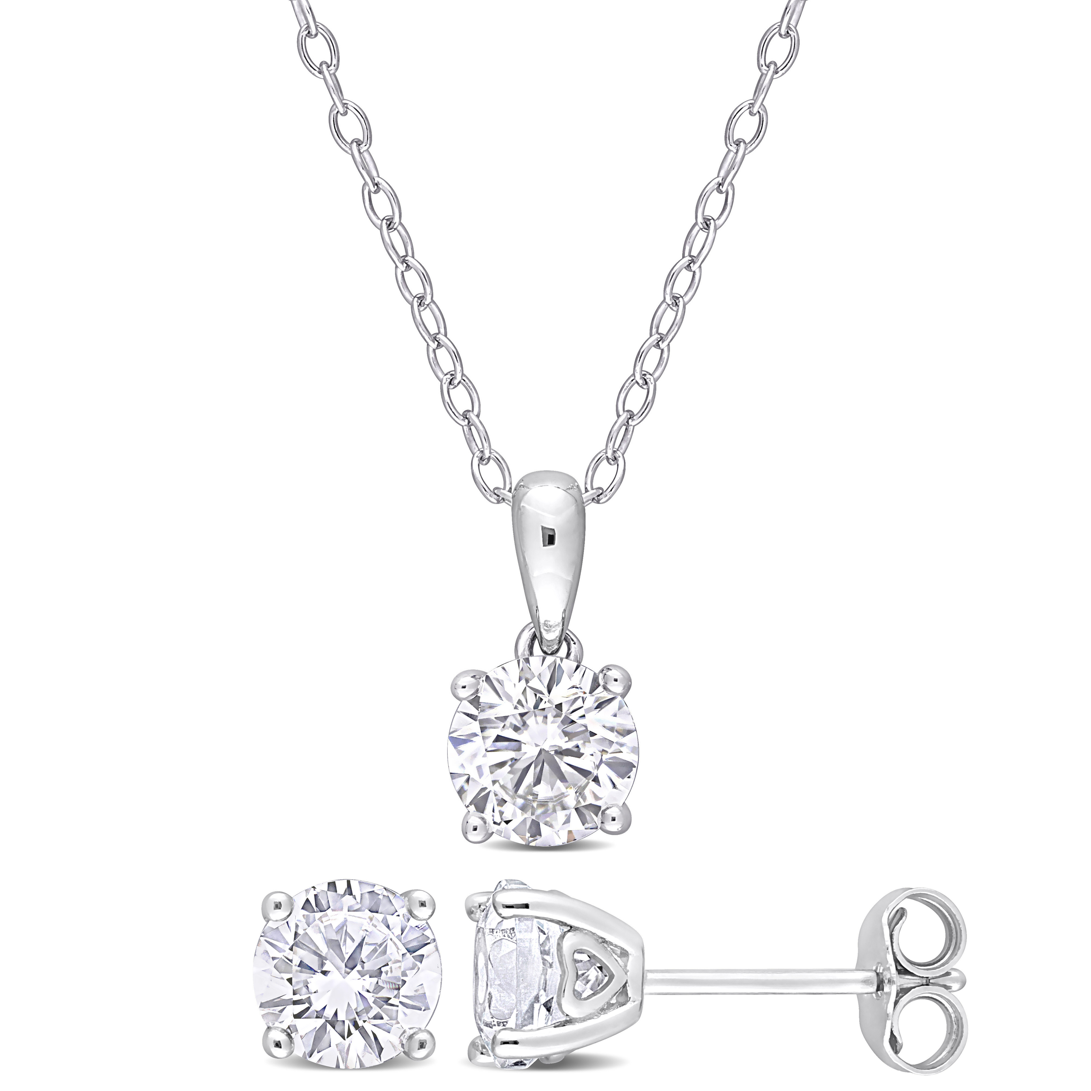 3 CT TGW Created White Sapphire 2-Piece Solitaire Pendant with Chain and Stud Earrings Set in Sterling Silver
