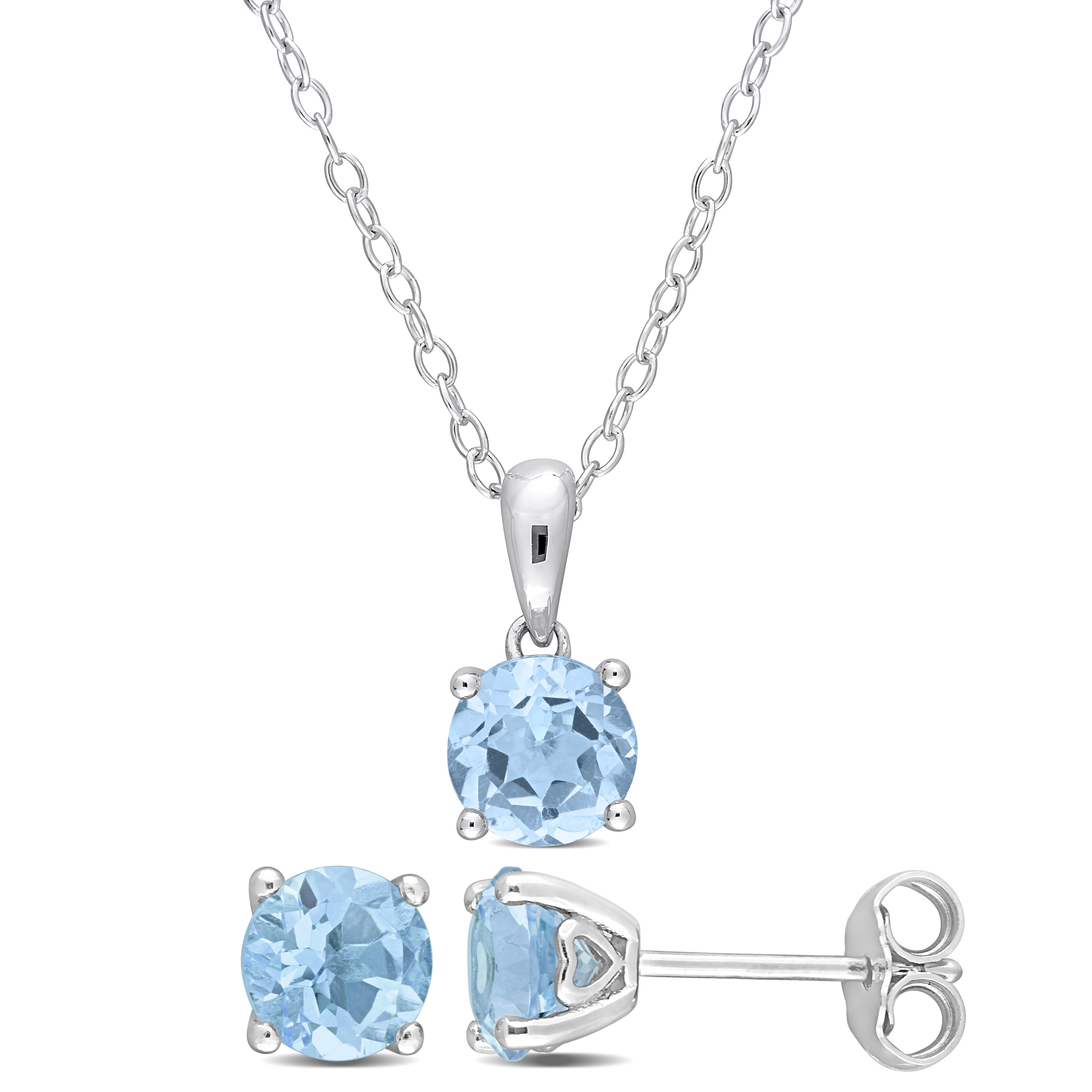 3 CT TGW Sky Blue Topaz 2-Piece Solitaire Pendant with Chain and Stud Earrings Set in Sterling Silver