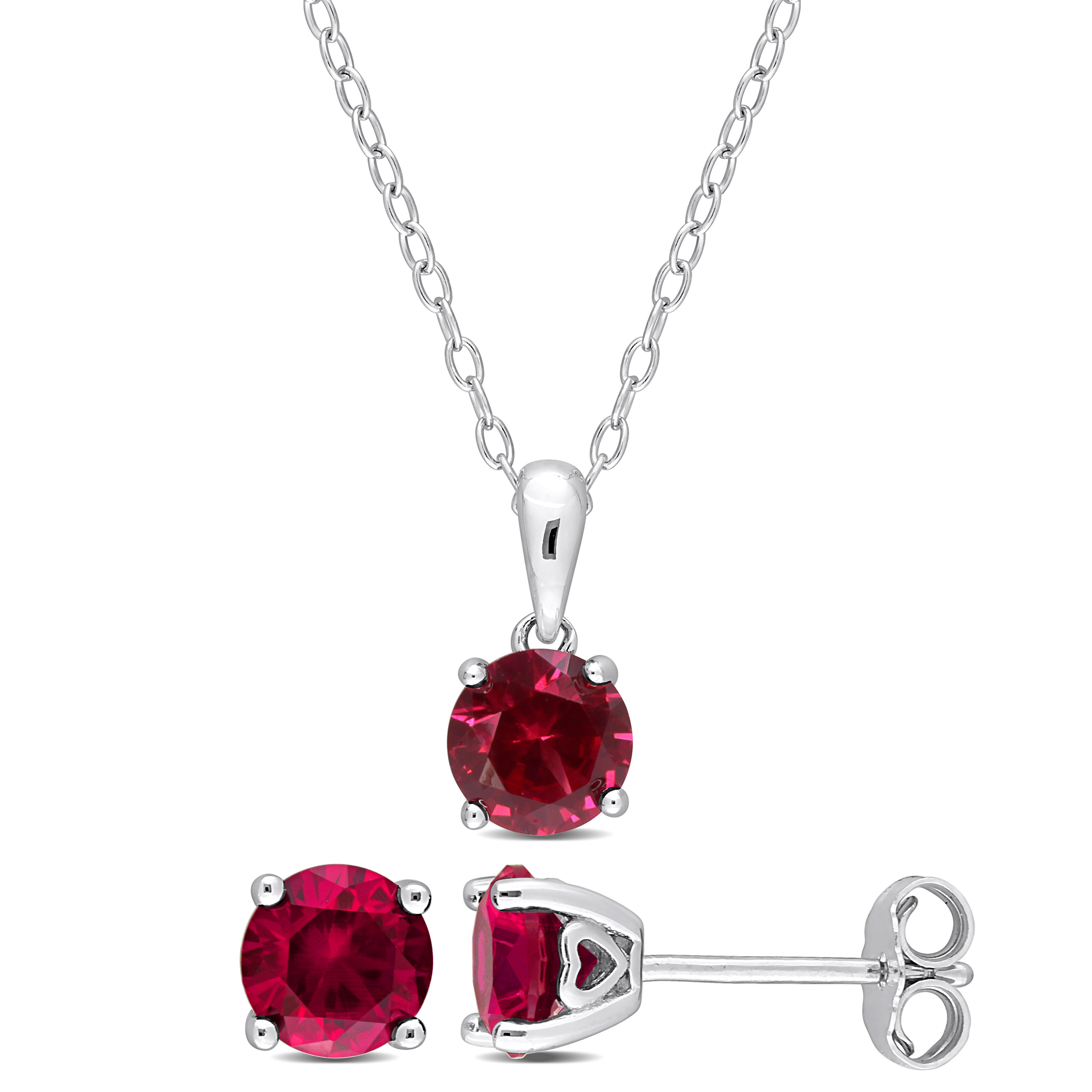 3 CT TGW Created Ruby 2-Piece Solitaire Pendant with Chain and Stud Earrings Set in Sterling Silver