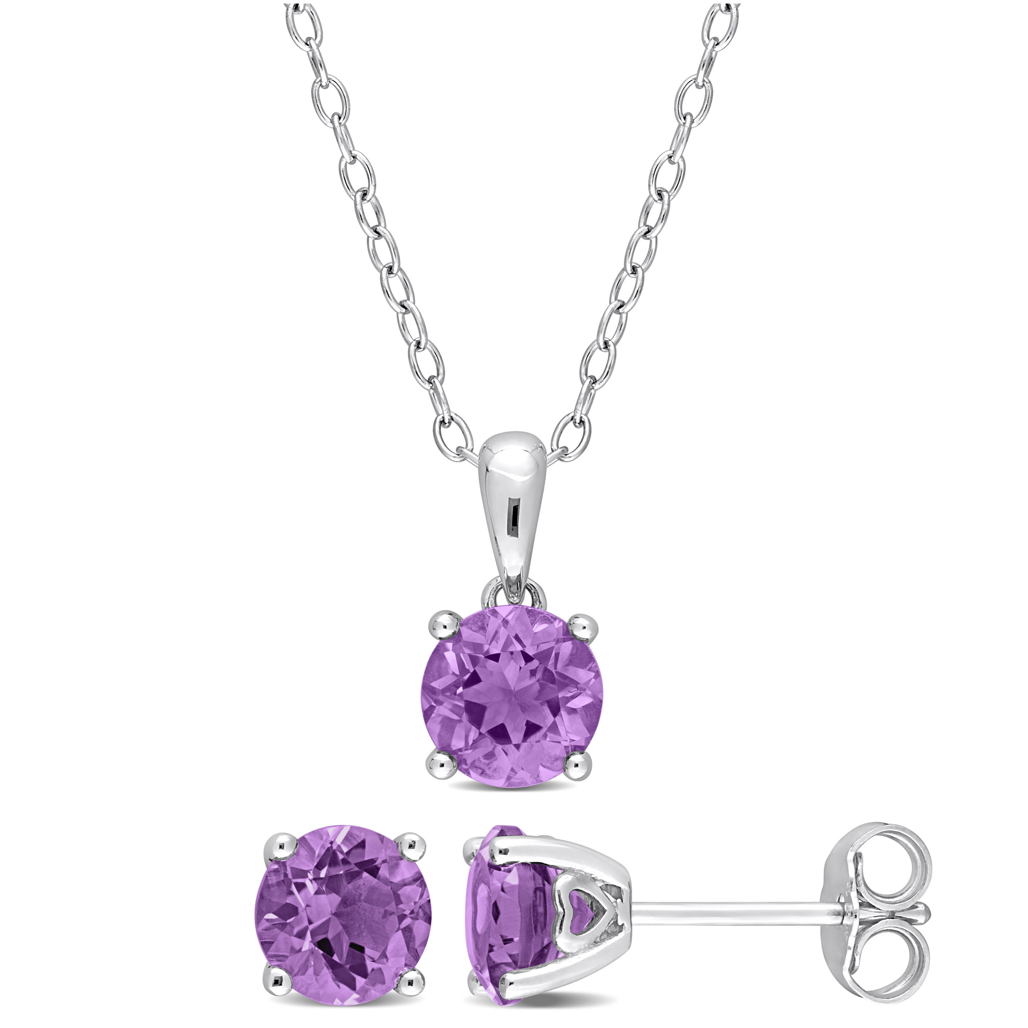2 CT TGW Amethyst 2-Piece Solitaire Pendant with Chain and Stud Earrings Set in Sterling Silver