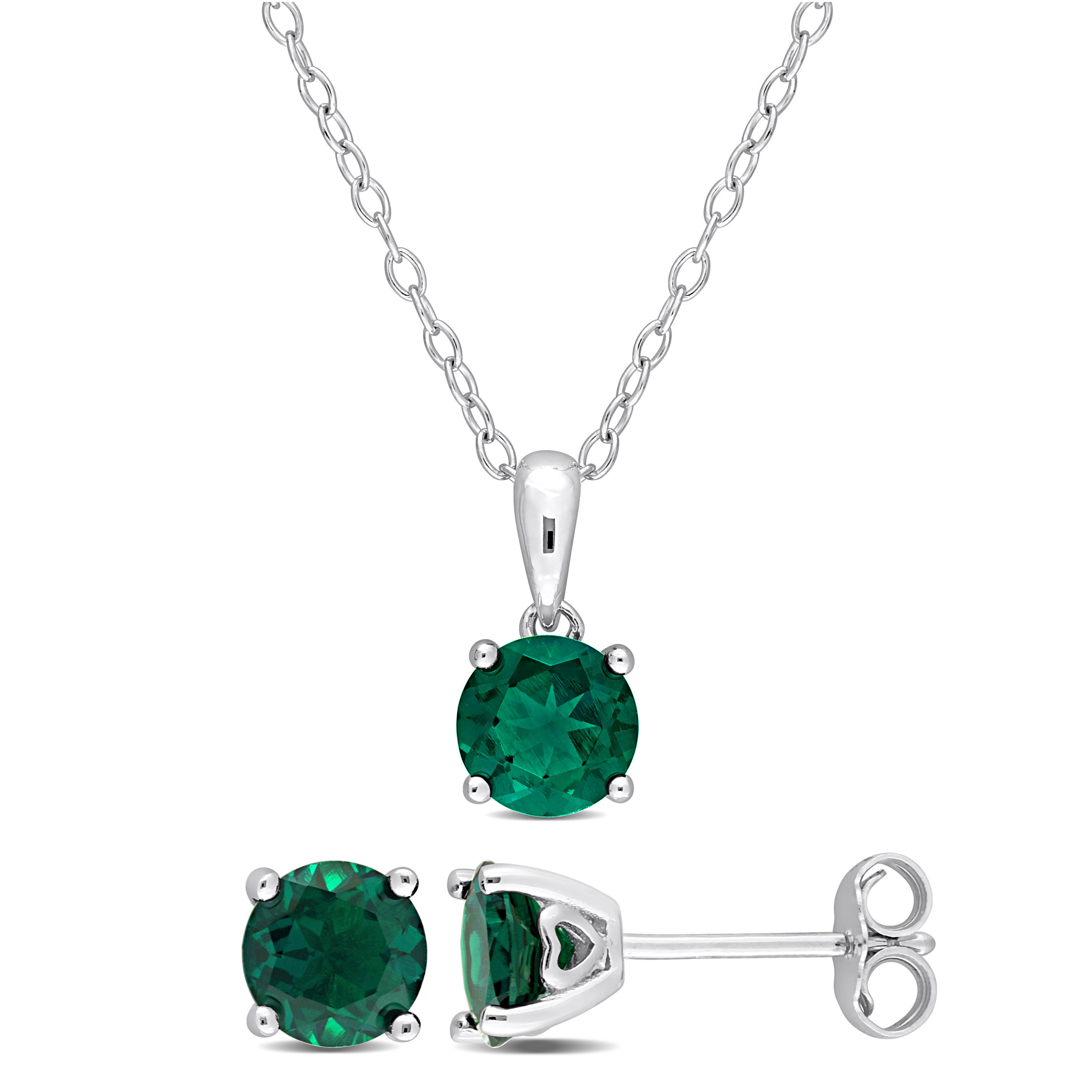 2 1/2 CT TGW Created Emerald 2-Piece Set of Pendant with Chain and Earrings in Sterling Silver