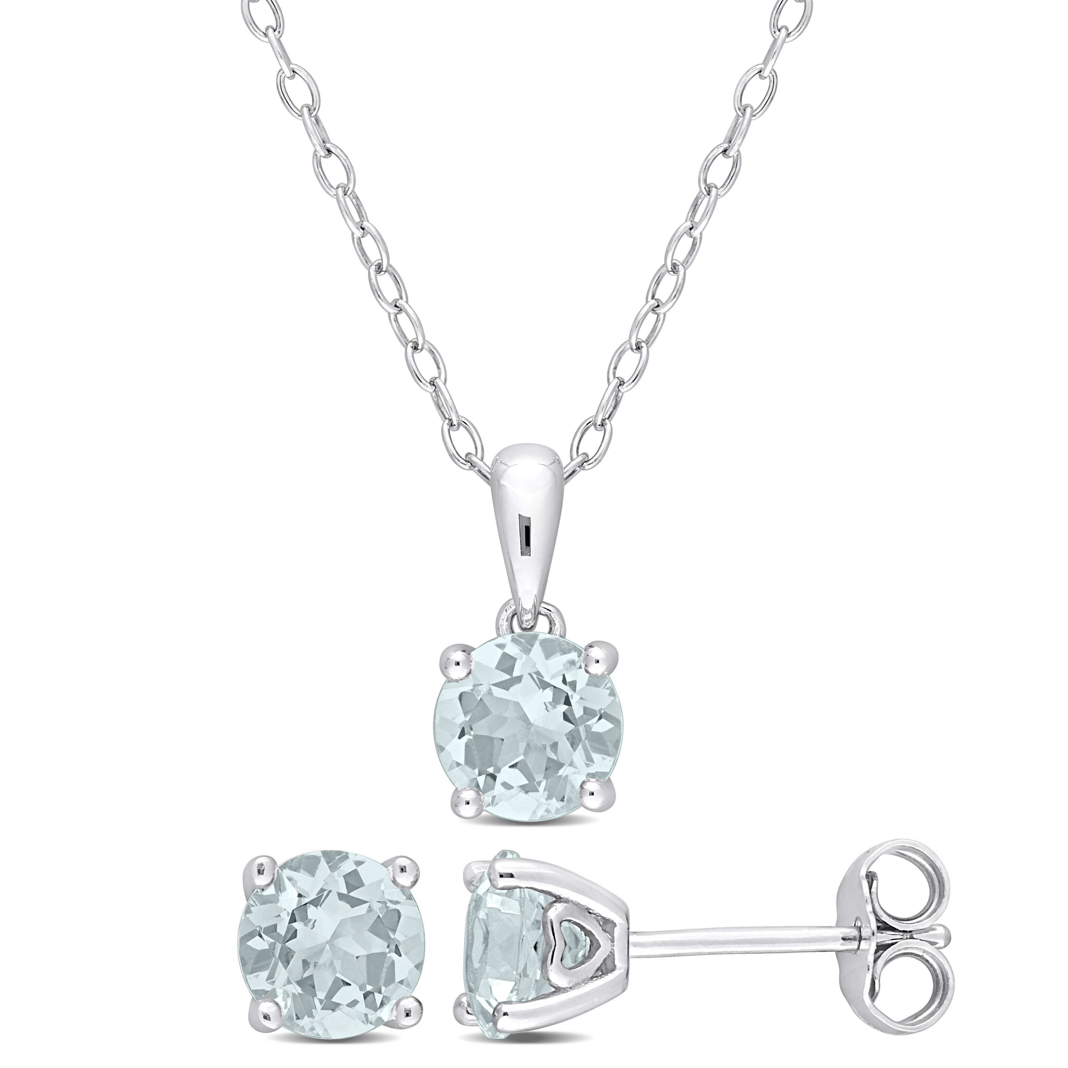2 1/10 CT TGW Aquamarine 2-Piece Solitaire Pendant with Chain and Stud Earrings Set in Sterling Silver