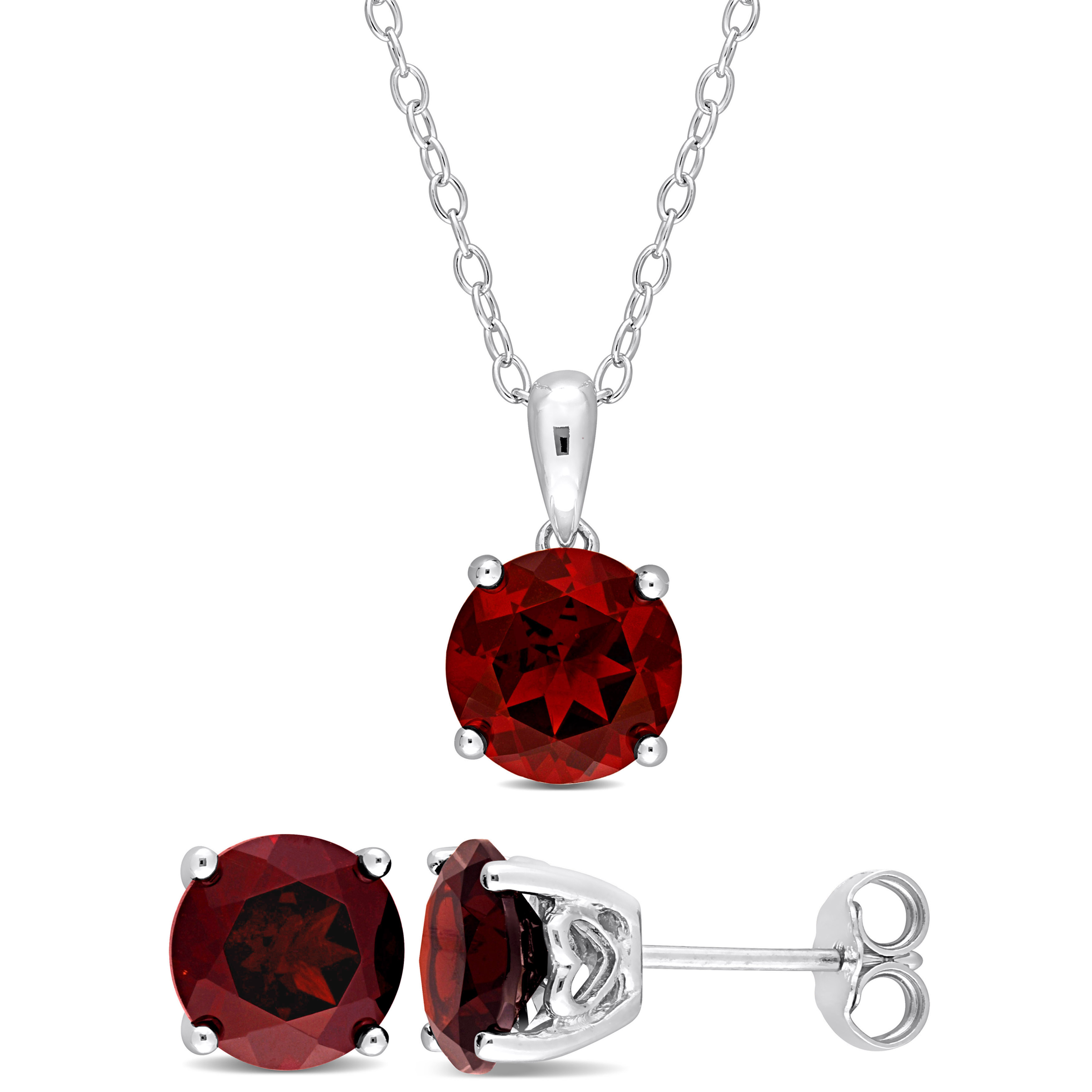 6 CT TGW Garnet 2-Piece Solitaire Pendant with Chain and Stud Earrings Set in Sterling Silver