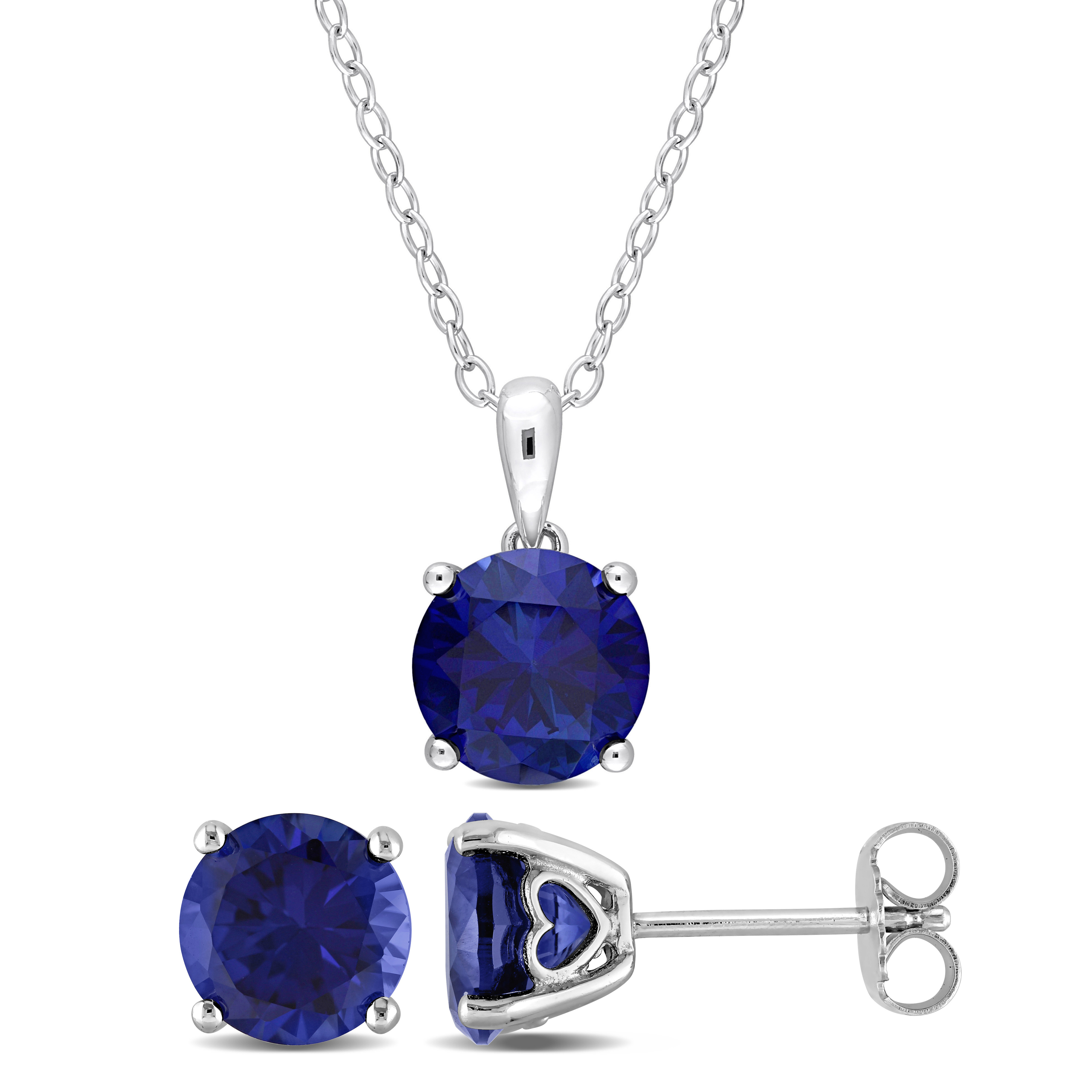 7 1/5 CT TGW Round Created Blue Sapphire 2-Piece Set of Pendant with Chain and Earrings in Sterling Silver