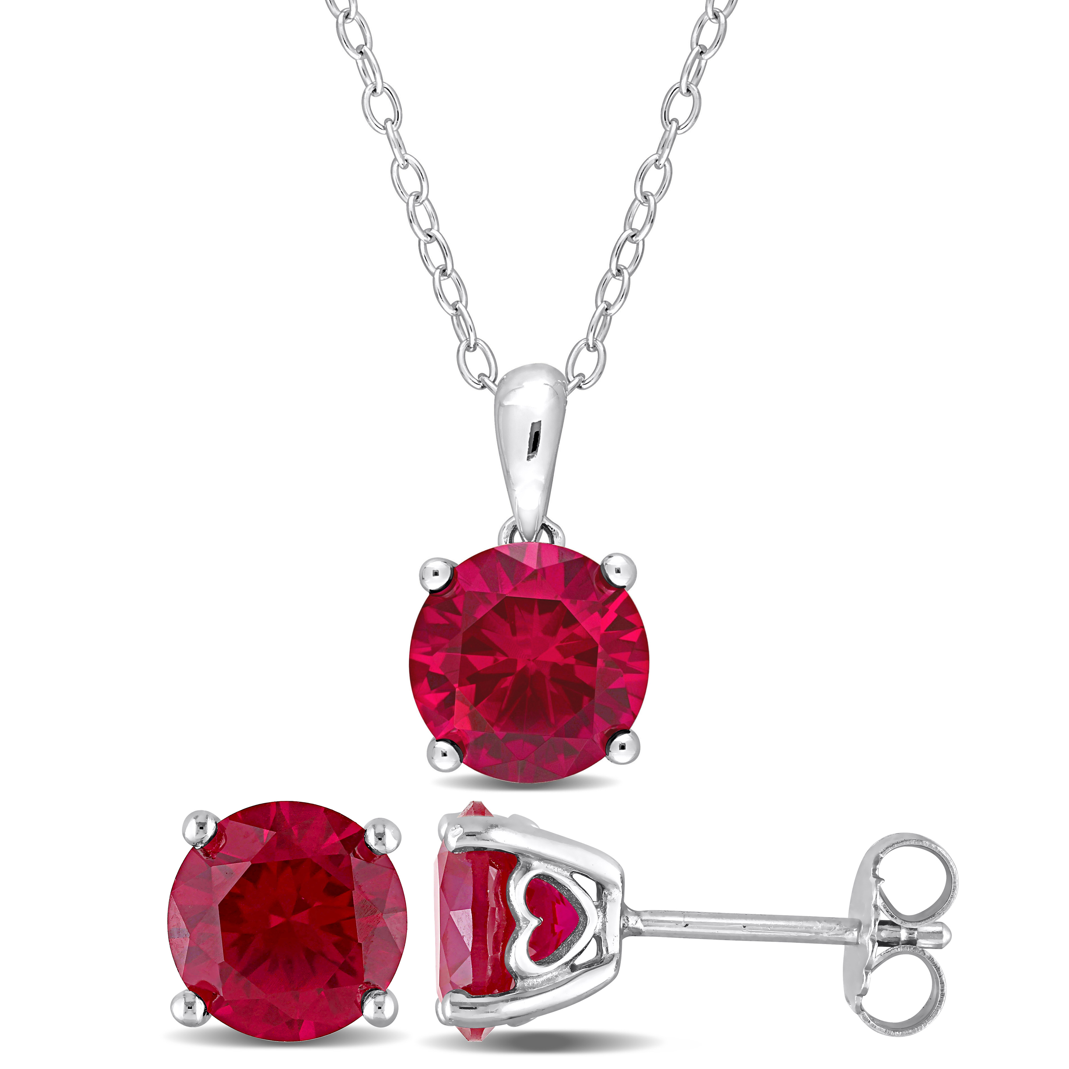 7 1/5 CT TGW Created Ruby 2-Piece Solitaire Pendant with Chain and Stud Earrings Set in Sterling Silver