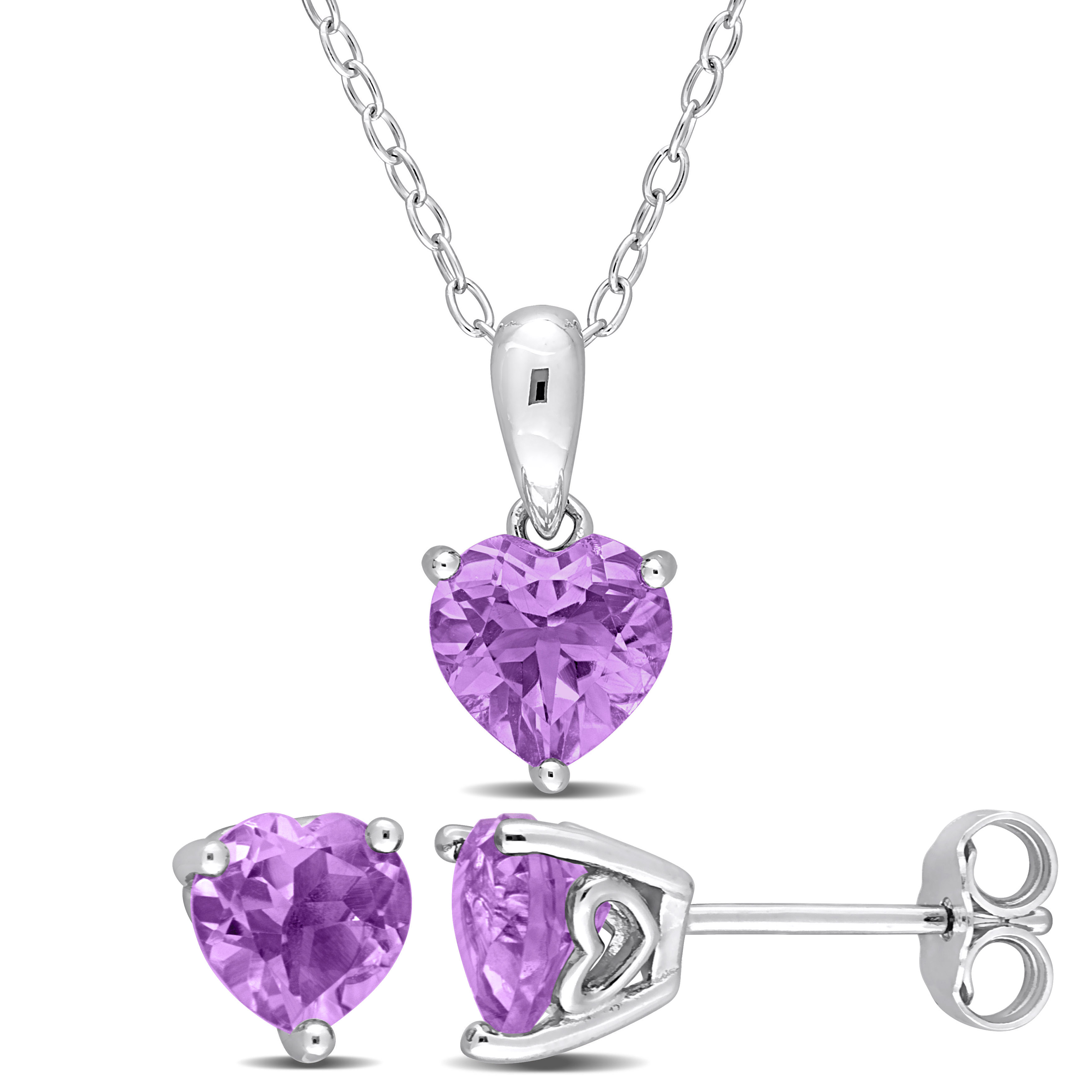 2 1/10 CT TGW Heart-Shape Amethyst 2-Piece Set of Pendant with Chain and Earrings in Sterling Silver