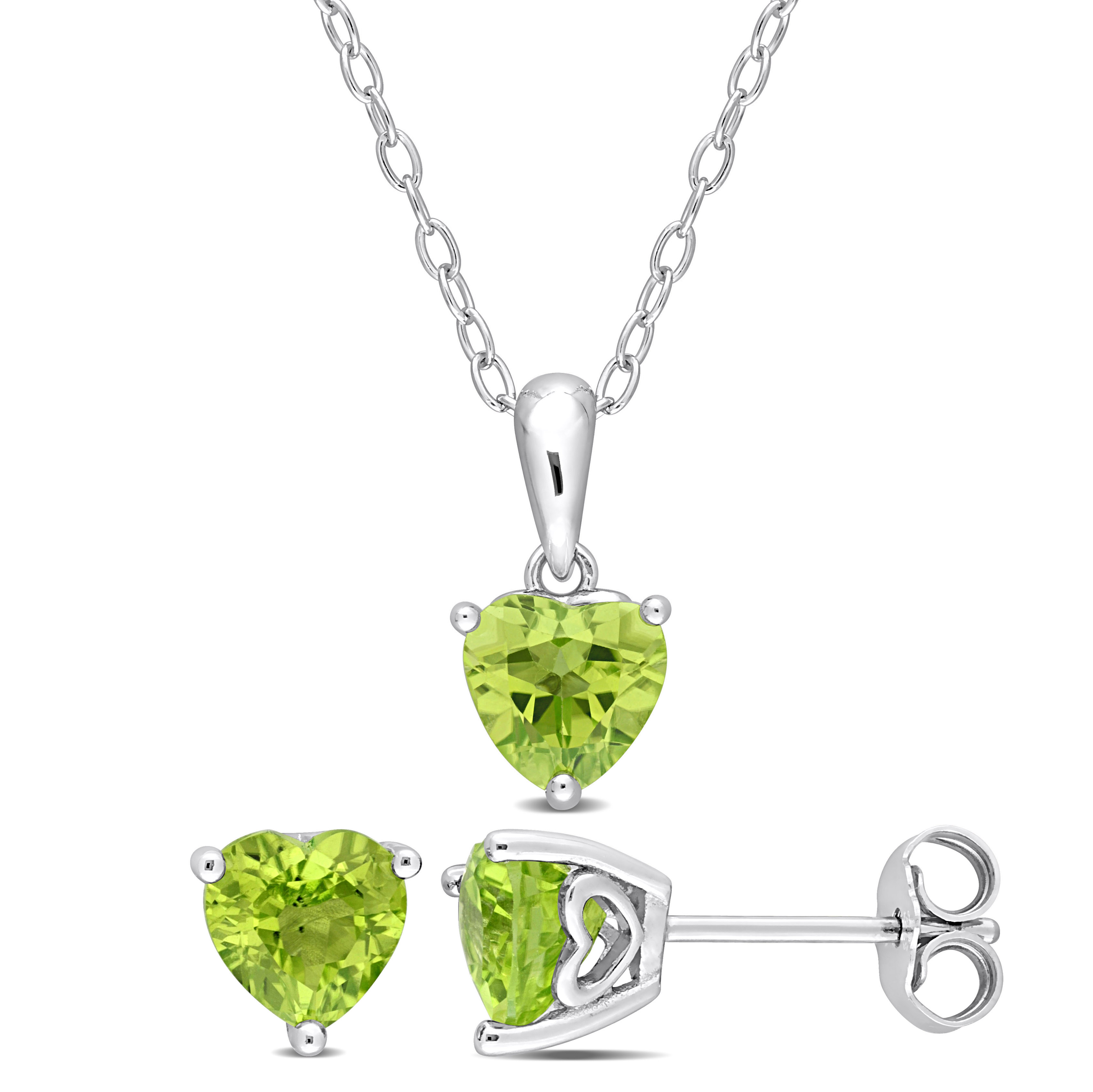 2 1/2 CT TGW Heart-Shape Peridot 2-Piece Set of Pendant with Chain and Earrings in Sterling Silver