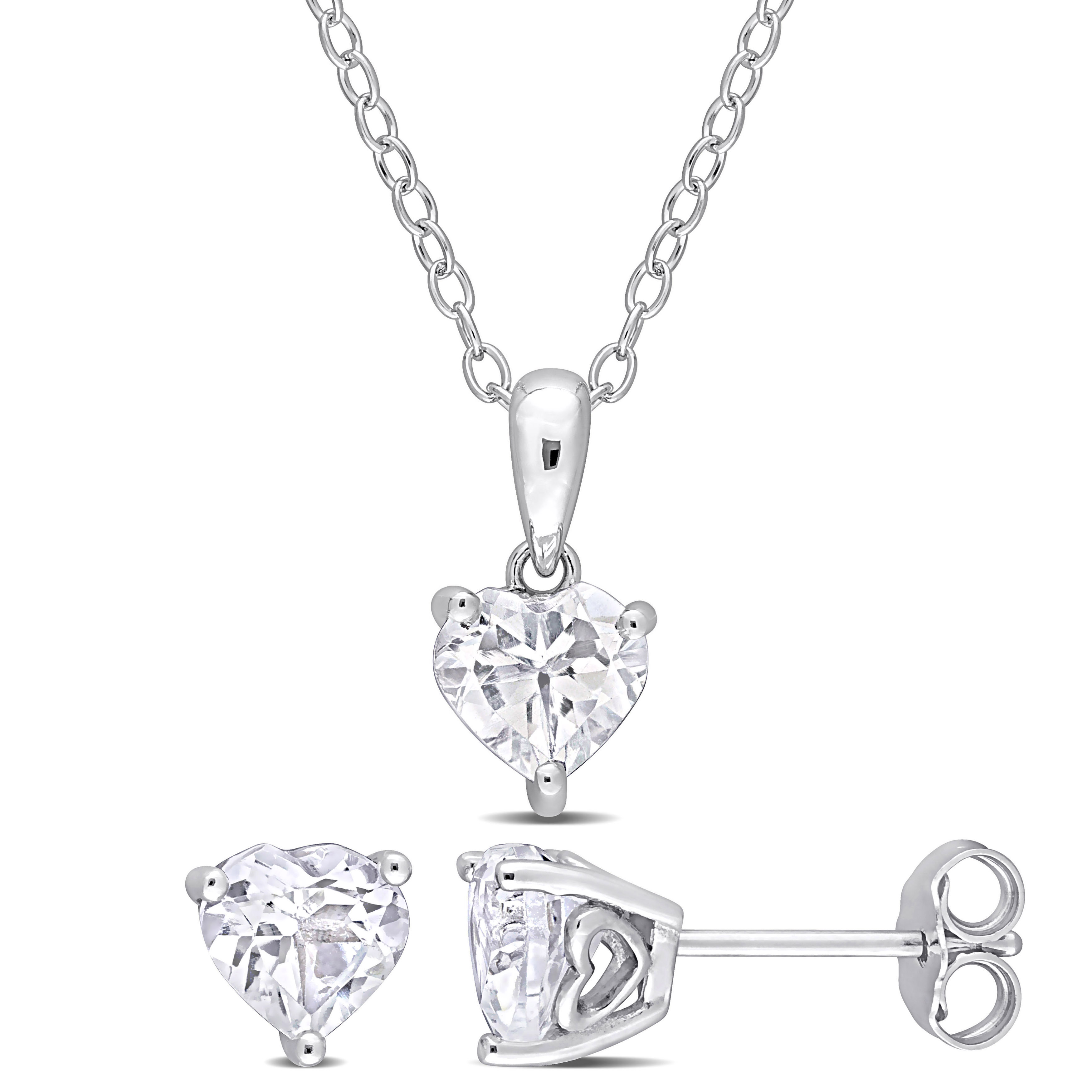 2 7/8 CT TGW Heart-Shape White Topaz 2-Piece Solitaire Pendant with Chain and Stud Earrings Set in Sterling Silver