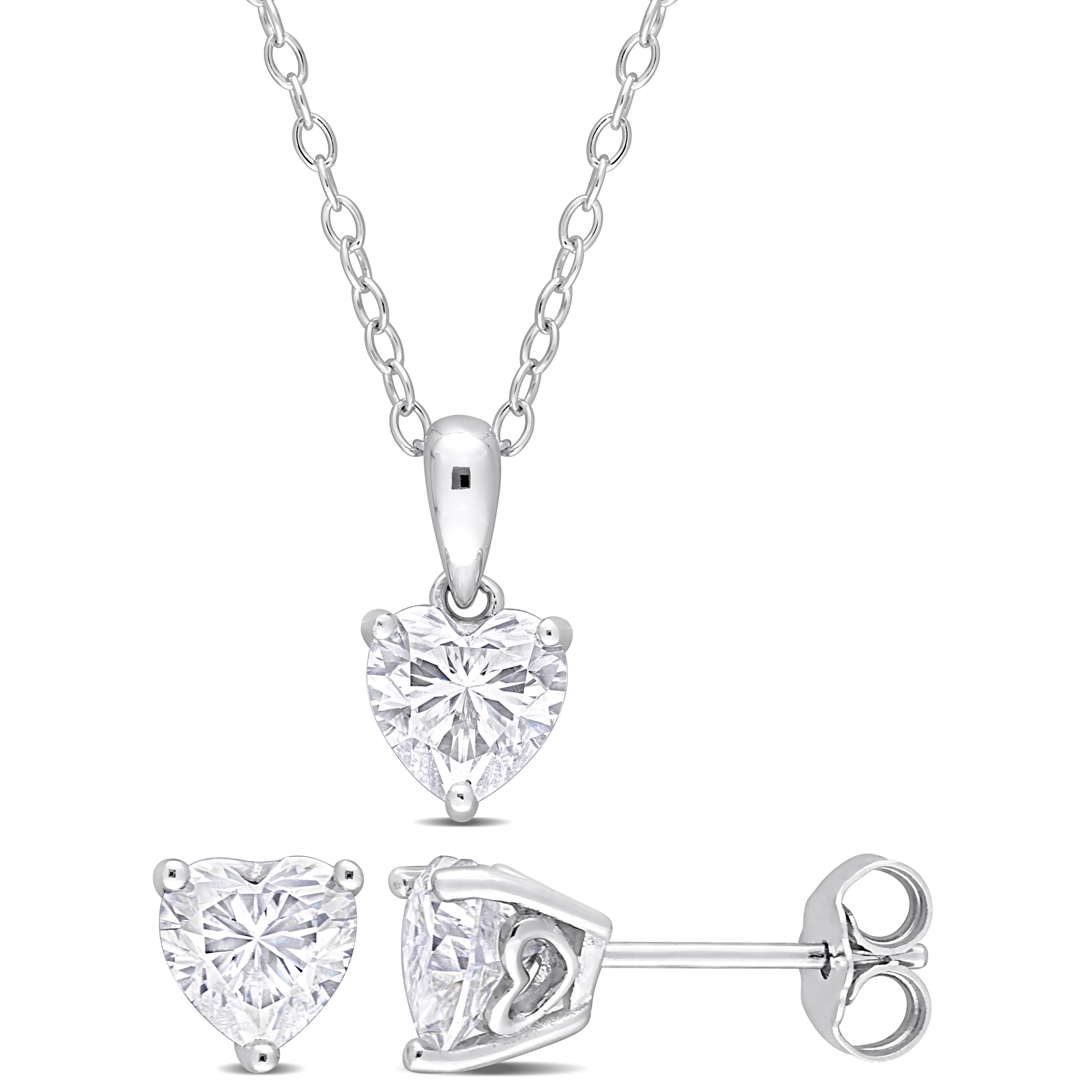 2 1/4 CT TGW Heart-Shape Created Moissanite 2-Piece Solitaire Pendant with Chain and Stud Earrings Set in Sterling Silver