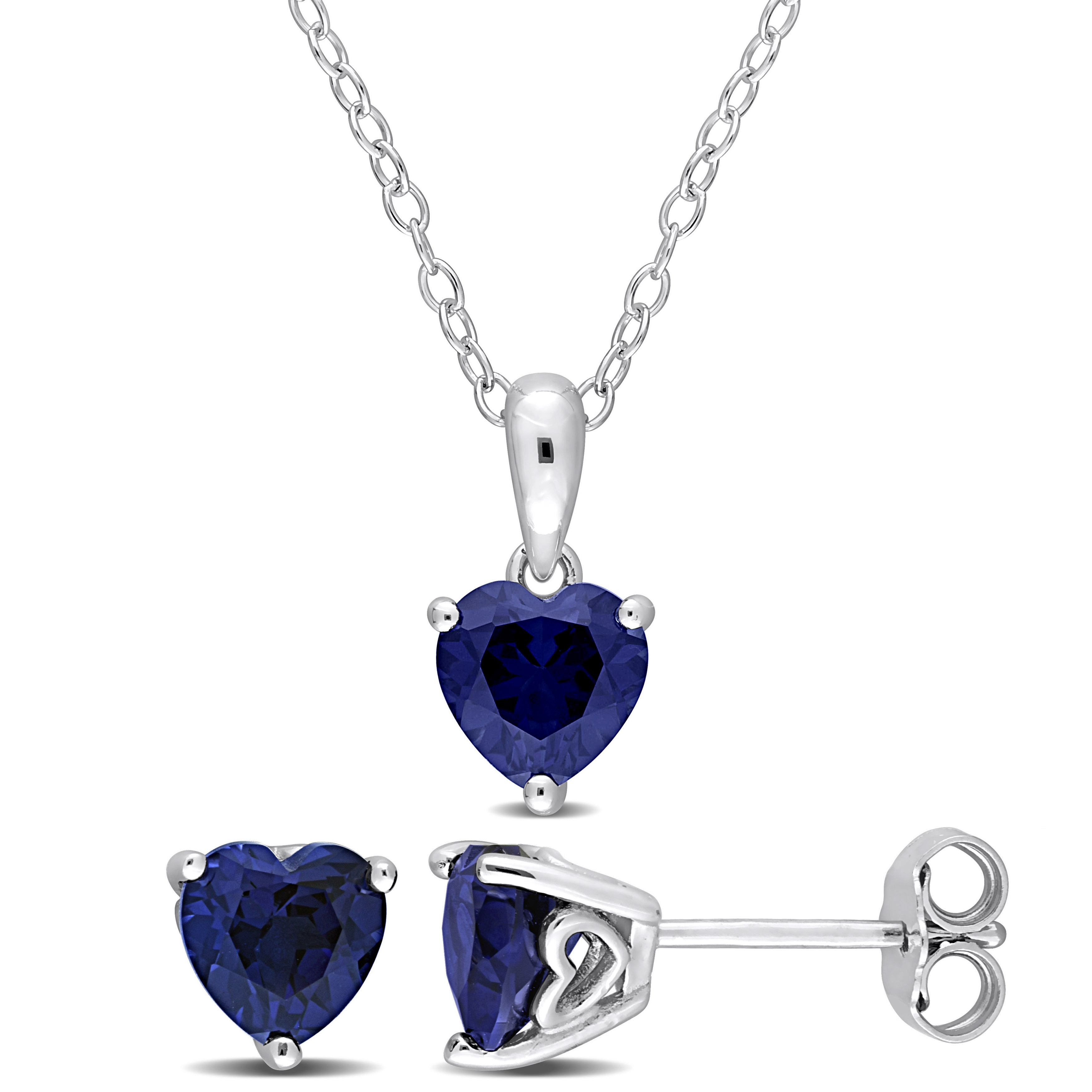 2 3/4 CT TGW Heart-Shape Created Blue Sapphire 2-Piece Solitaire Pendant with Chain and Stud Earrings Set in Sterling Silver
