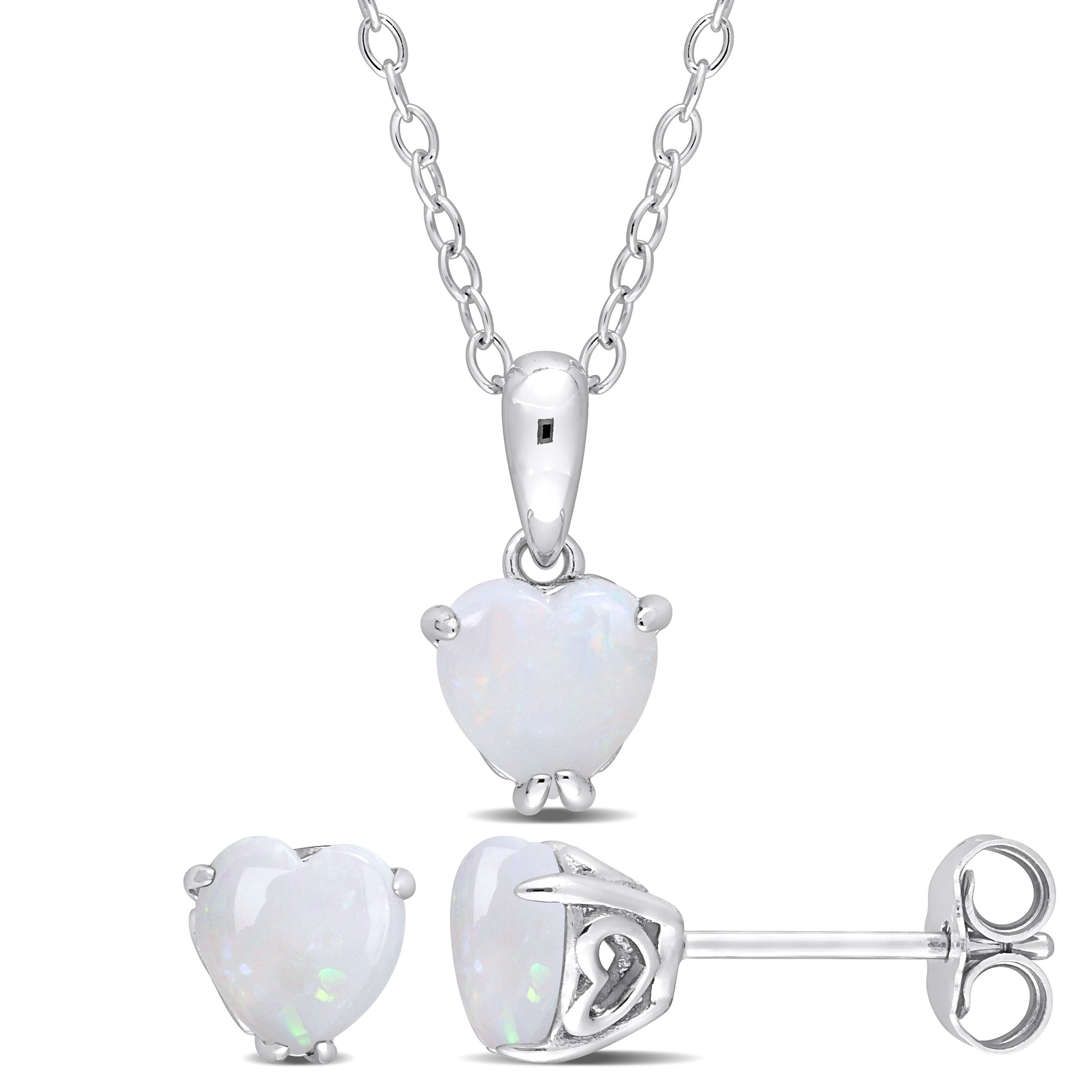 1 1/2 CT TGW Heart-Shape Opal 2-Piece Set of Pendant with Chain and Earrings in Sterling Silver