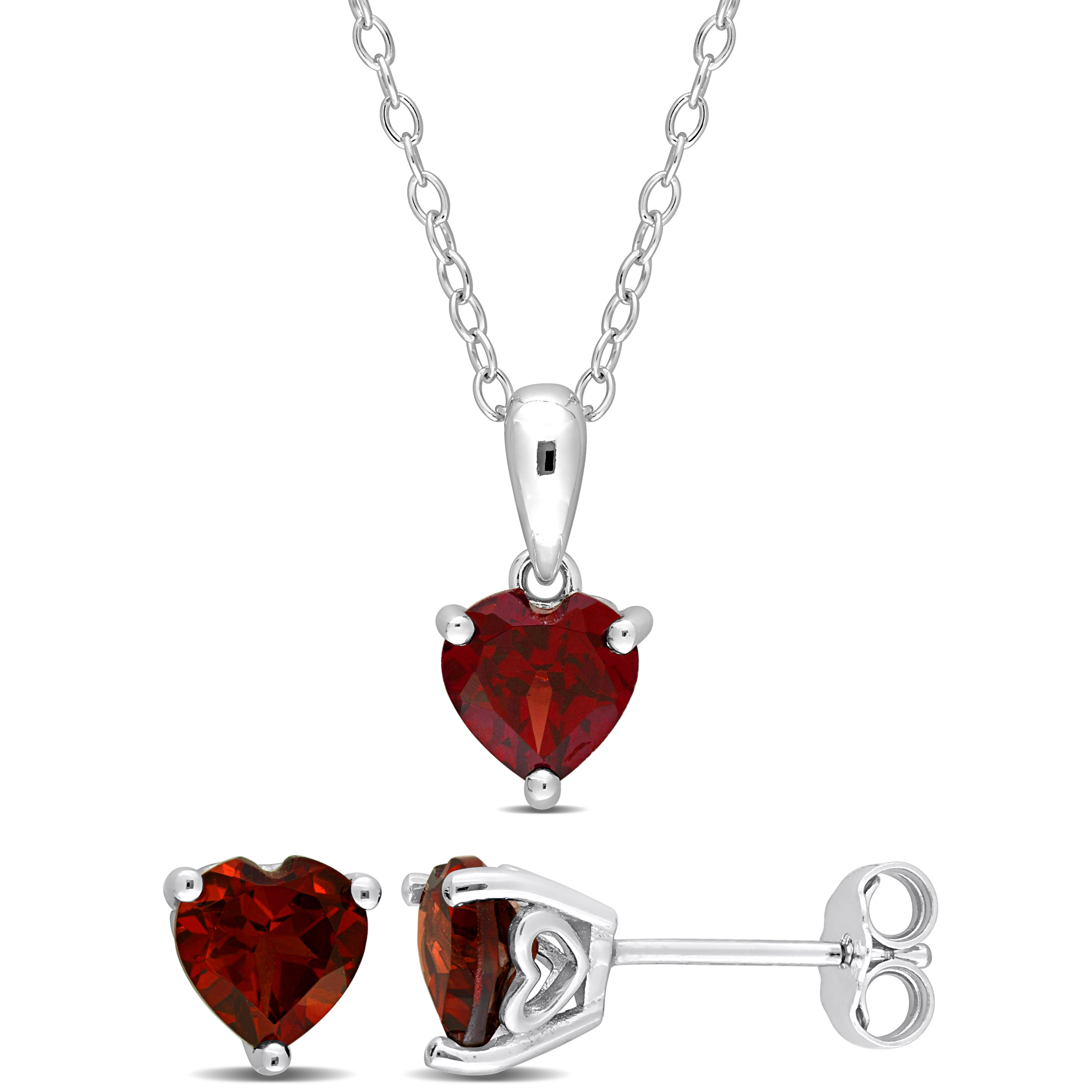 2 1/5 CT TGW Heart-Shape Garnet 2-Piece Set of Pendant with Chain and Earrings in Sterling Silver