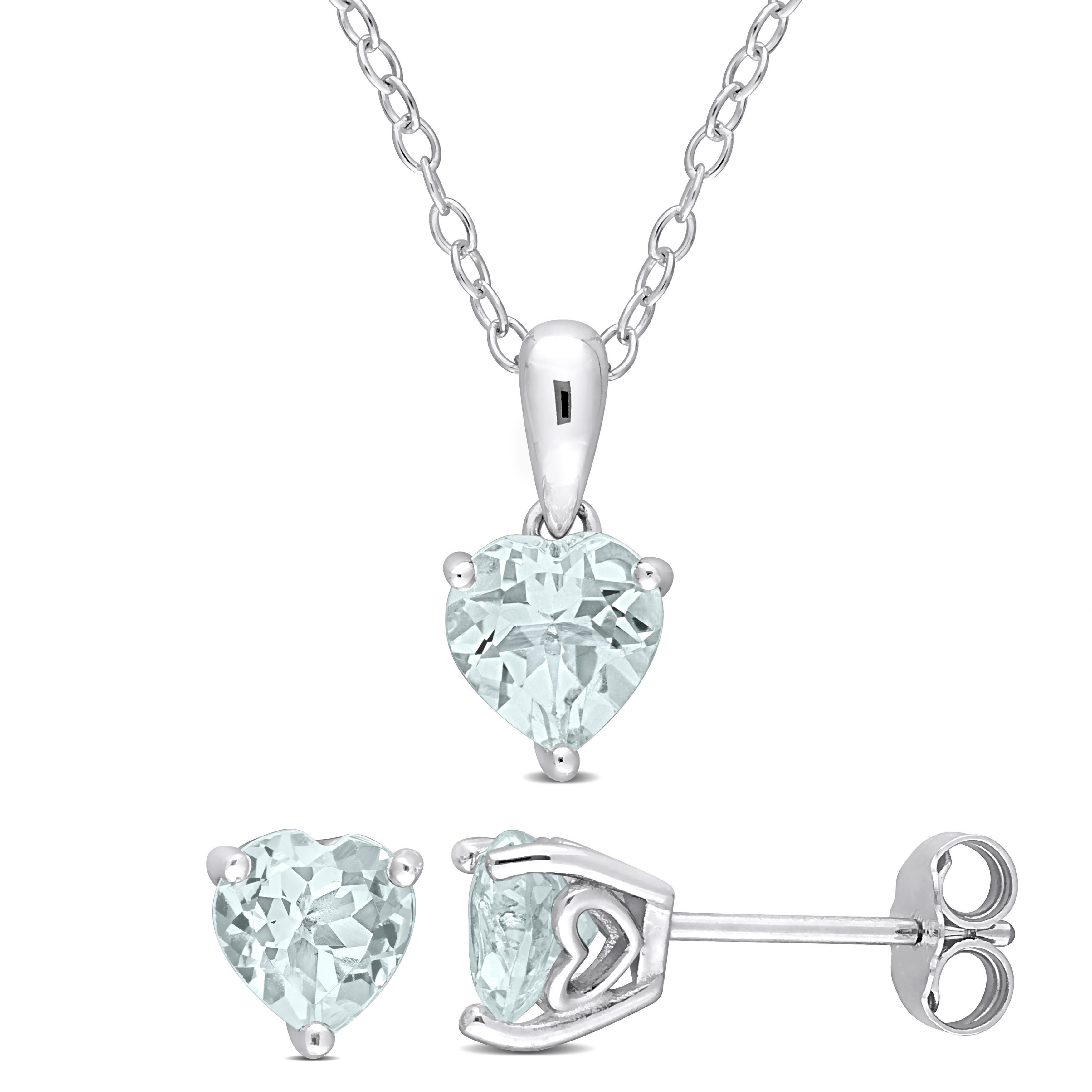2 CT TGW Heart-Shape Aquamarine 2-Piece Set of Pendant with Chain and Earrings in Sterling Silver