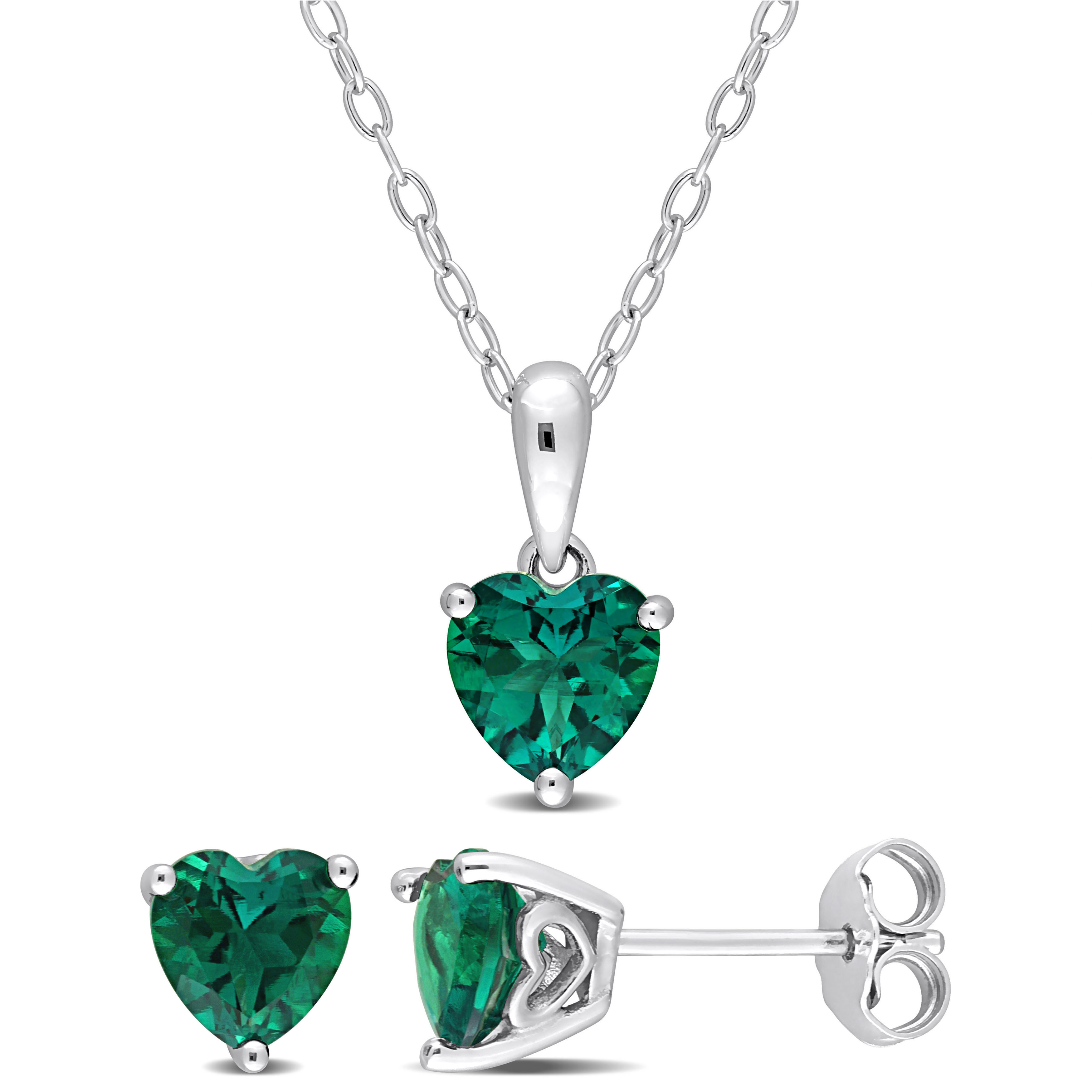 2 1/4 CT TGW Heart-Shape Created Emerald 2-Piece Set of Pendant with Chain and Earrings in Sterling Silver