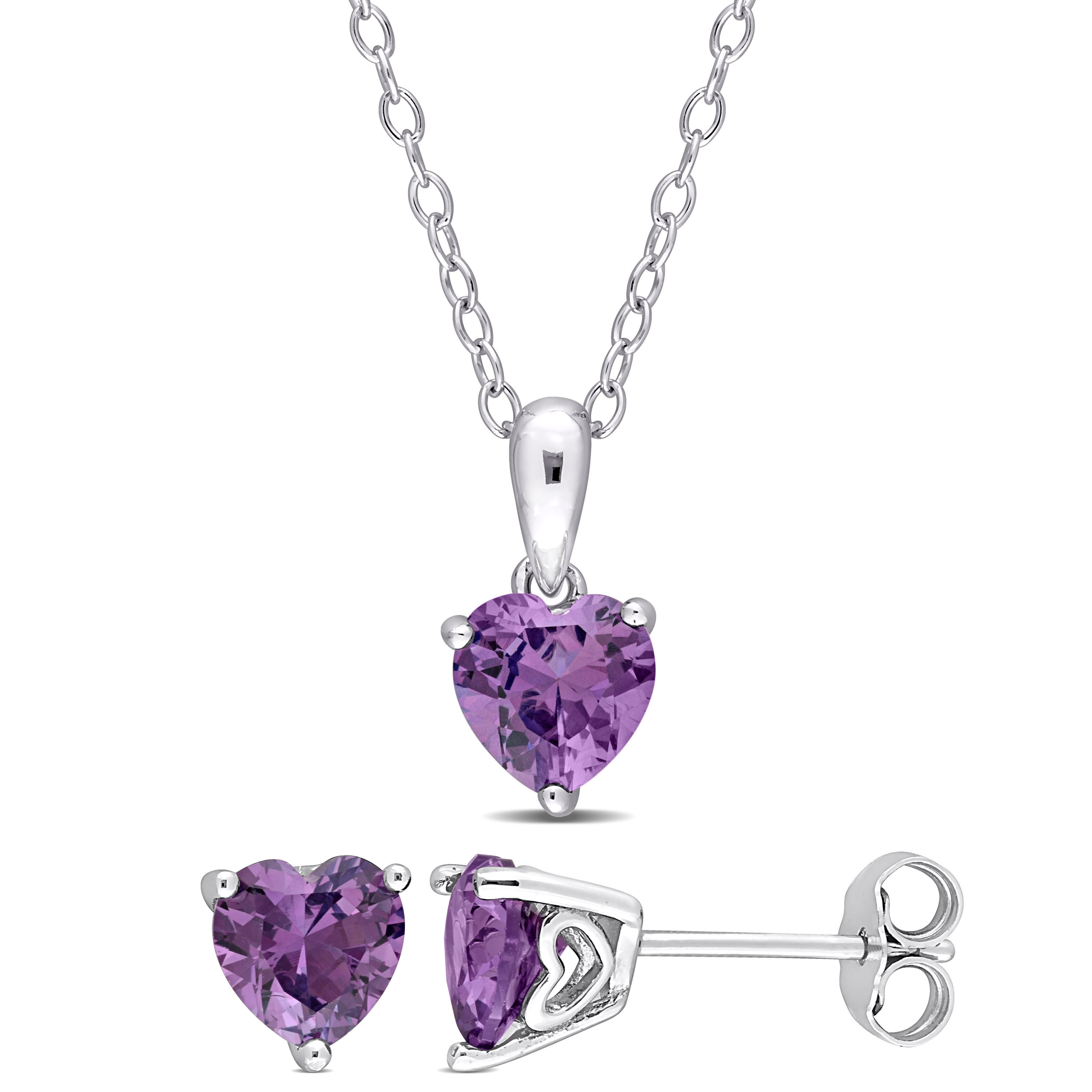 3 5/8 CT TGW Heart Shape Simulated Alexandrite 2-Piece Set of Pendant with Chain and Earrings in Sterling Silver