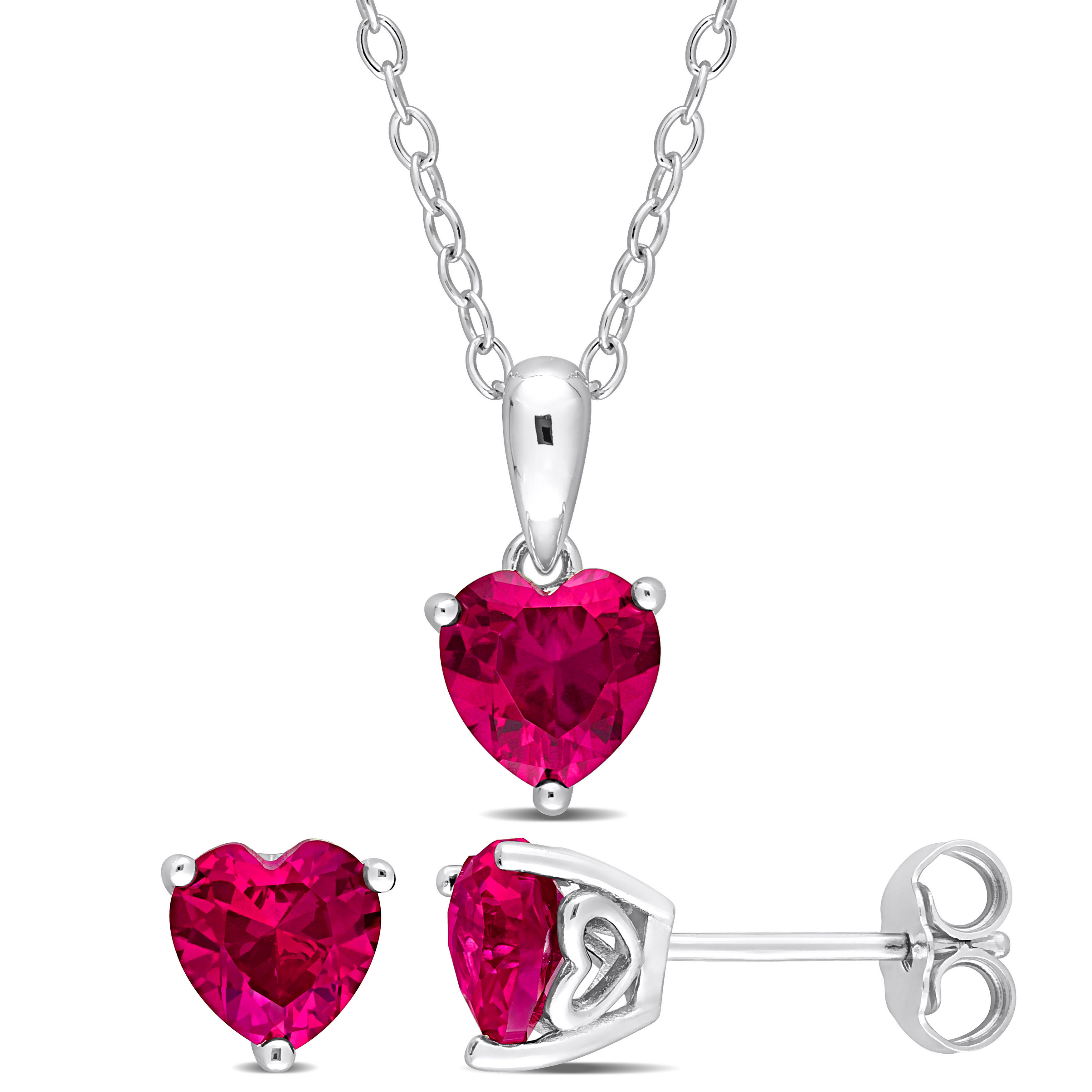 3 CT TGW Heart-Shape Created Ruby 2-Piece Set of Pendant with Chain and Earrings in Sterling Silver