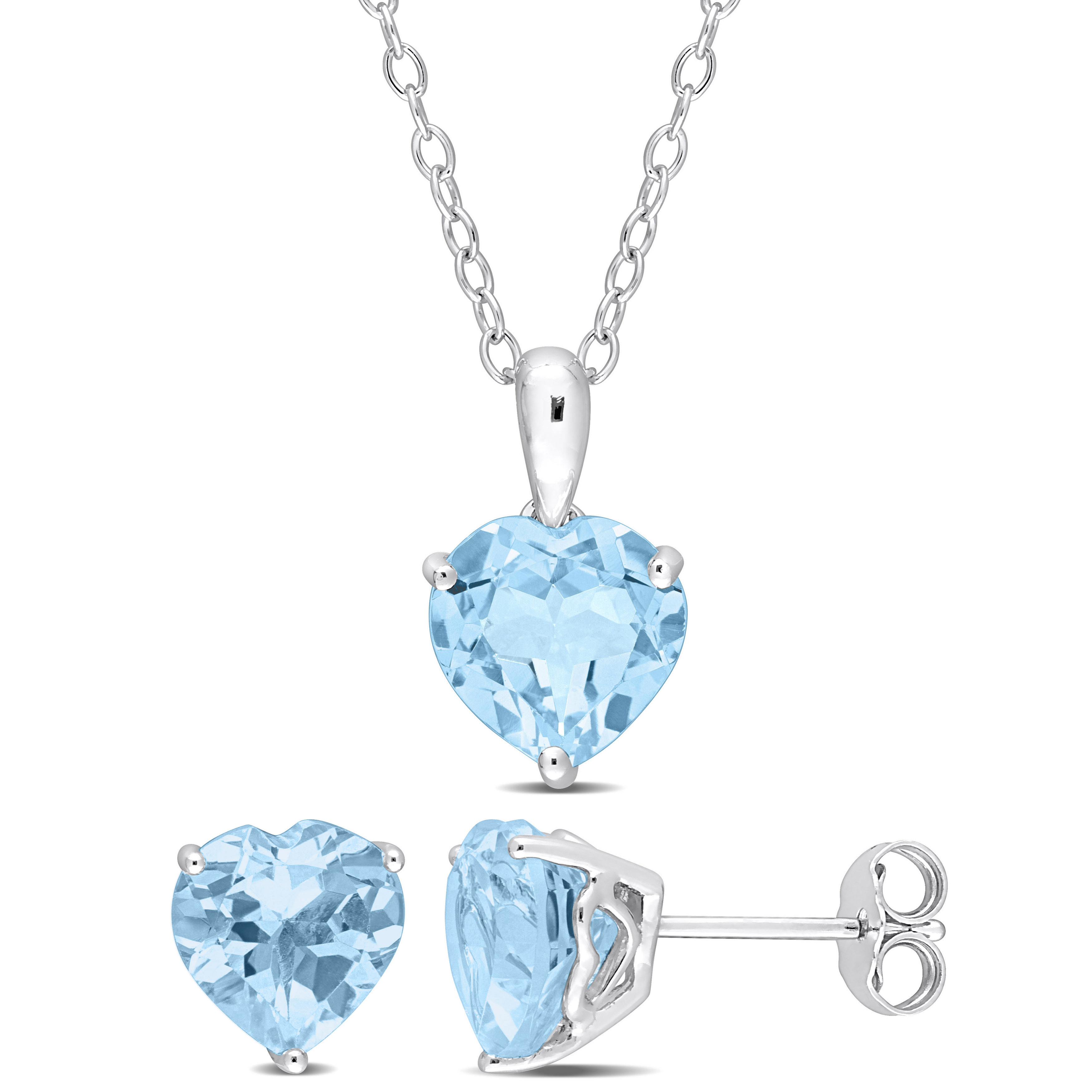 6 CT TGW Heart-Shape Sky Blue Topaz 2-Piece Solitaire Pendant with Chain and Stud Earrings Set in Sterling Silver