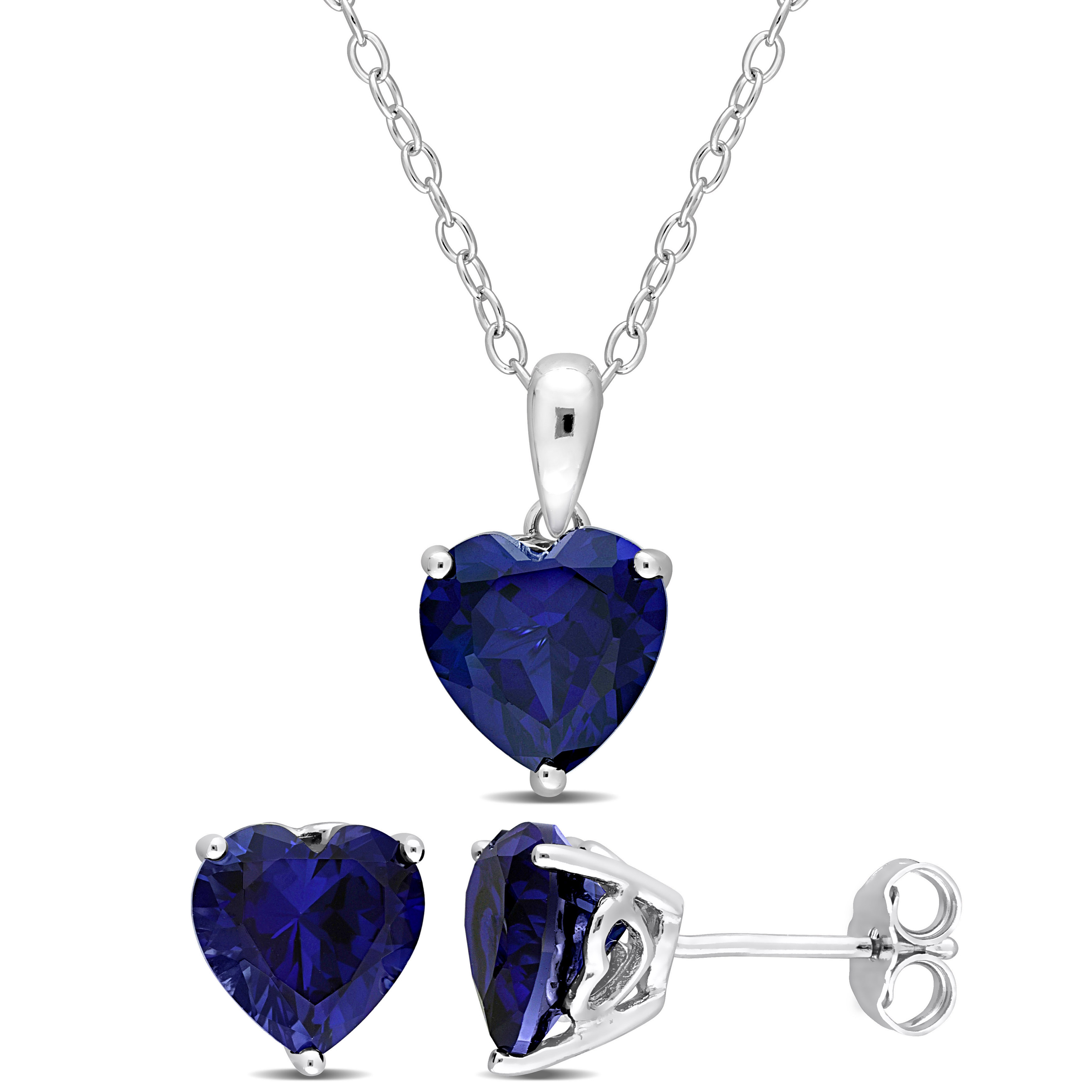 6 3/4 CT TGW Heart-Shape Created Blue Sapphire 2-Piece Solitaire Pendant with Chain and Stud Earrings Set in Sterling Silver