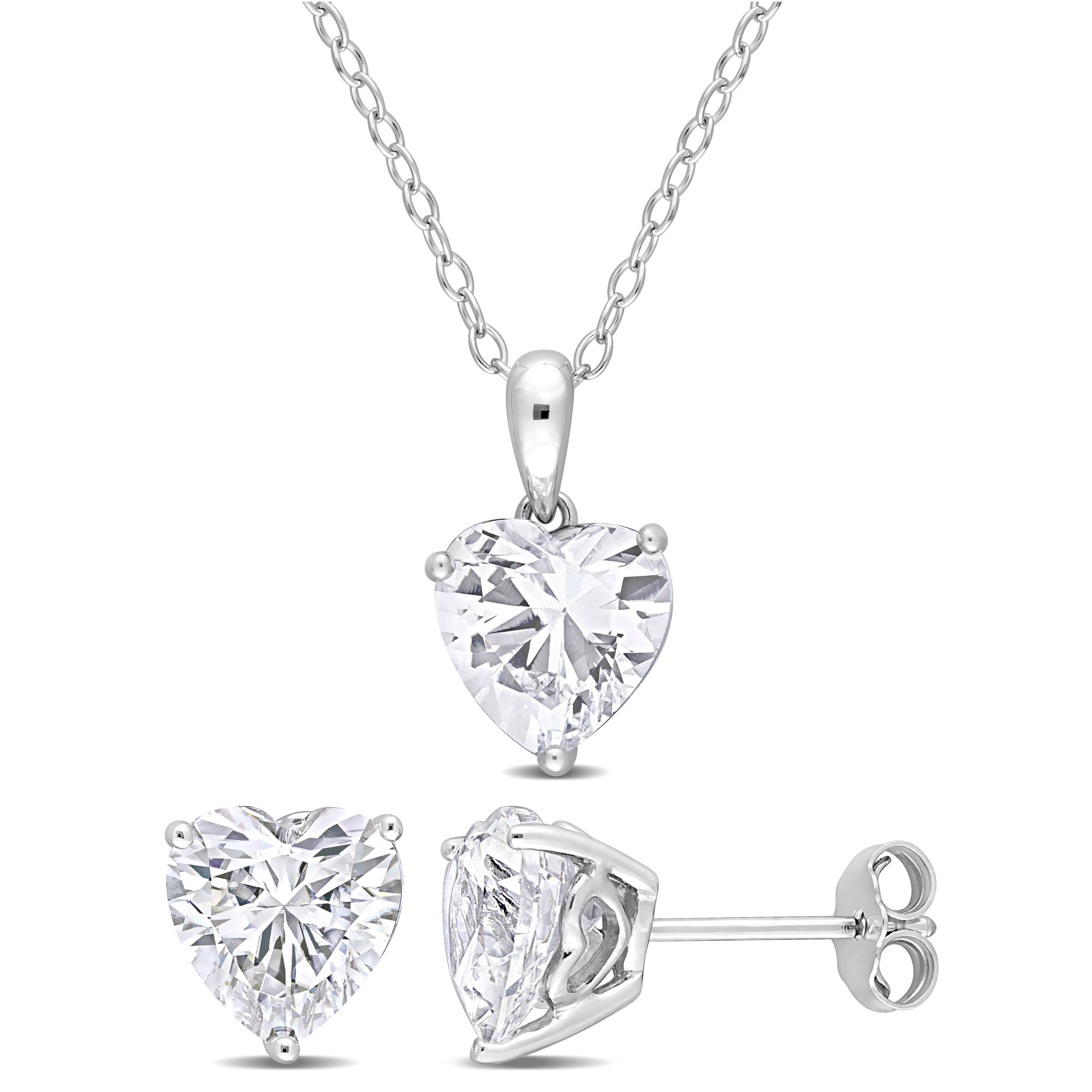 6 3/4 CT TGW Heart-Shape Created White Sapphire 2-Piece Set of Pendant with Chain and Earrings in Sterling Silver