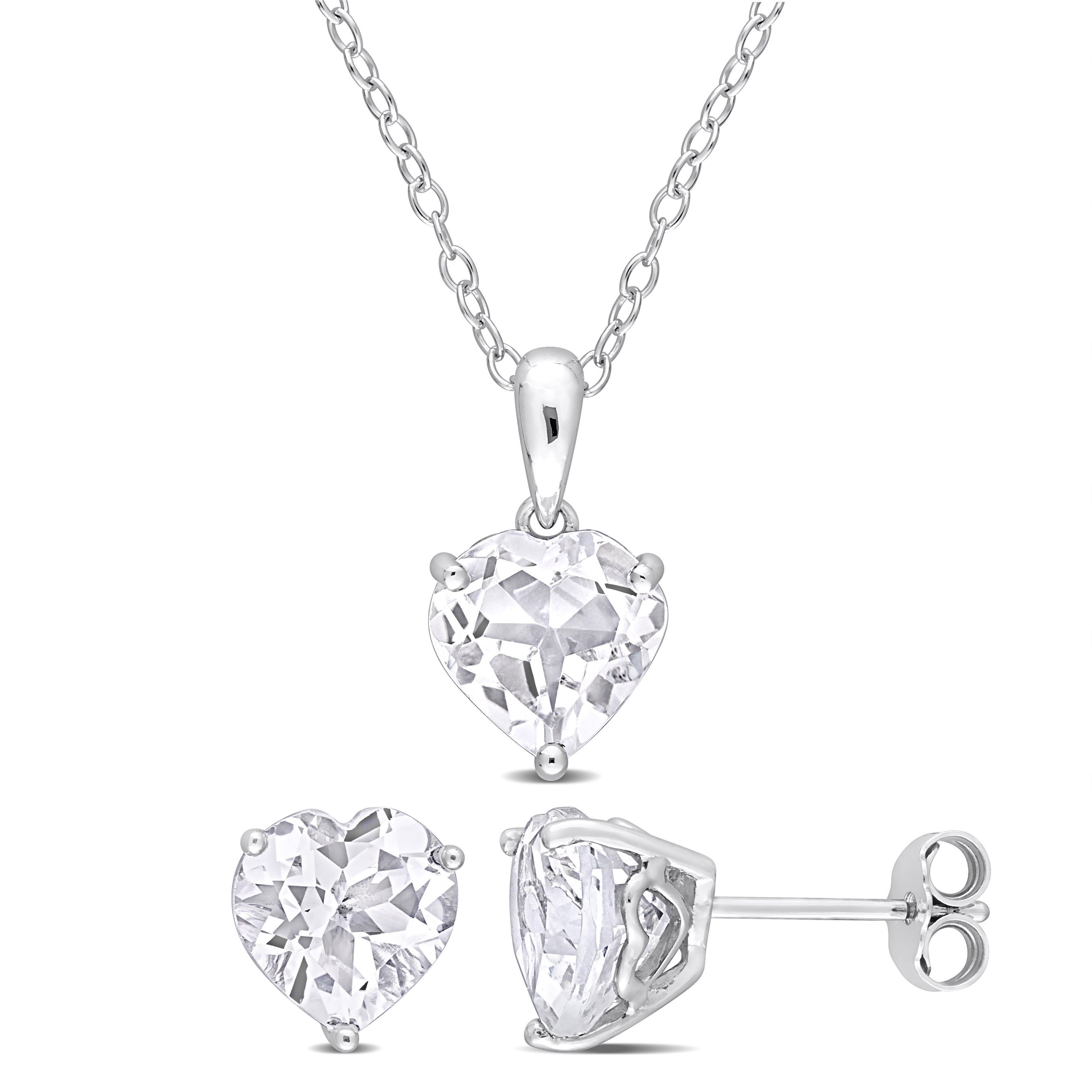 6 5/8 CT TGW Heart-Shape White Topaz 2-Piece Set of Pendant with Chain and Earrings in Sterling Silver