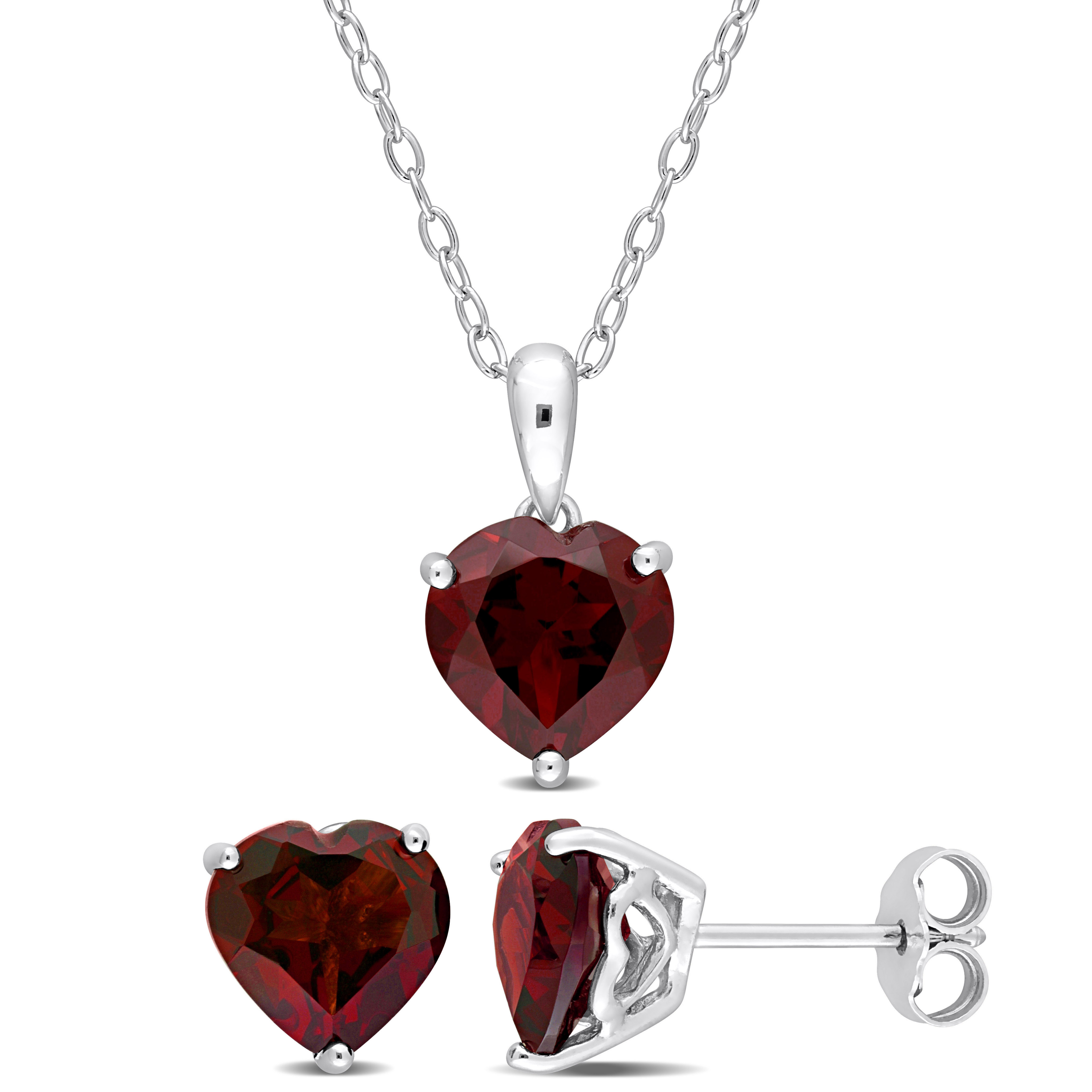 5 4/5 CT TGW Heart-Shape Garnet 2-Piece Set of Pendant with Chain and Earrings in Sterling Silver