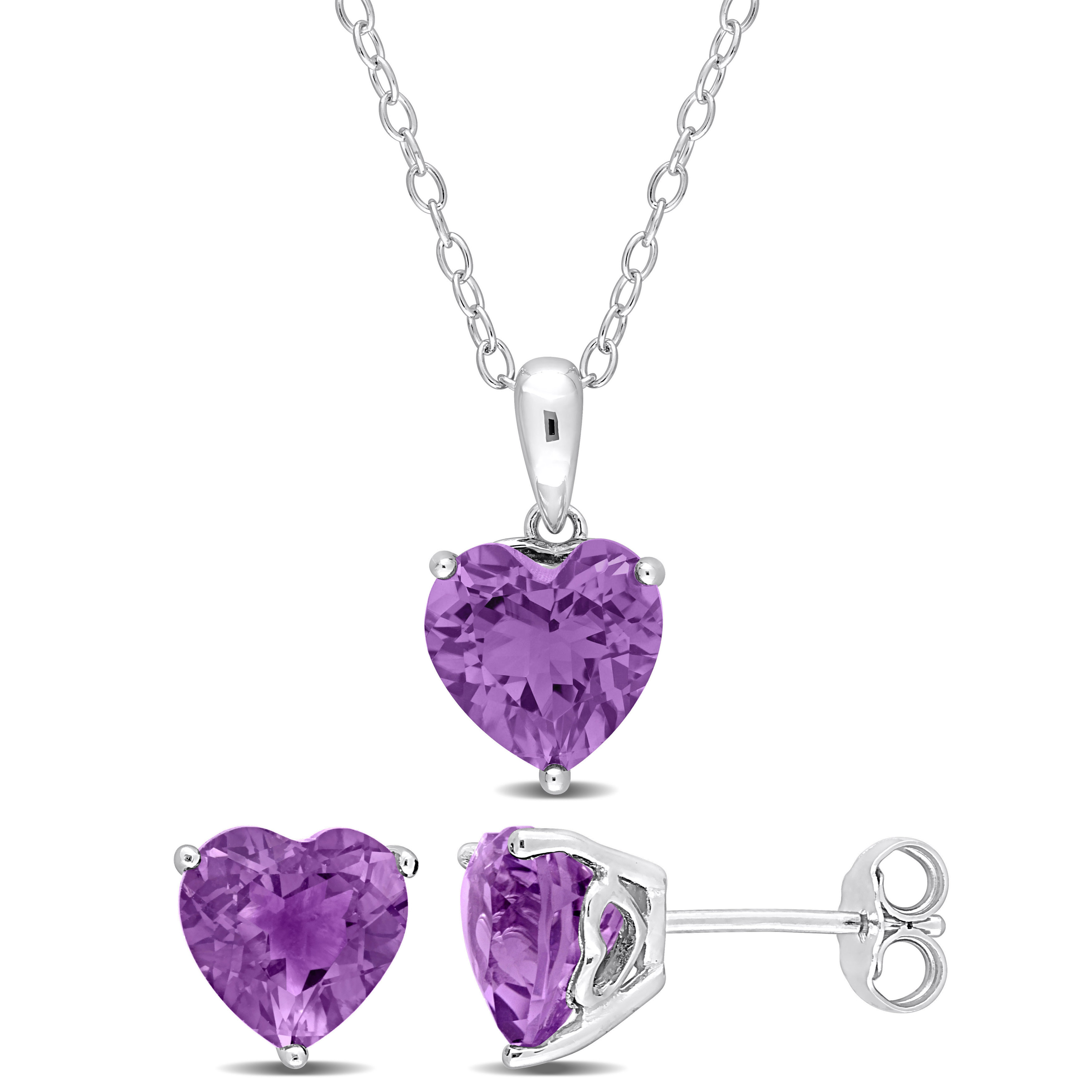 4 1/2 CT TGW Heart-Shape Amethyst 2-Piece Solitaire Pendant with Chain and Stud Earrings Set in Sterling Silver