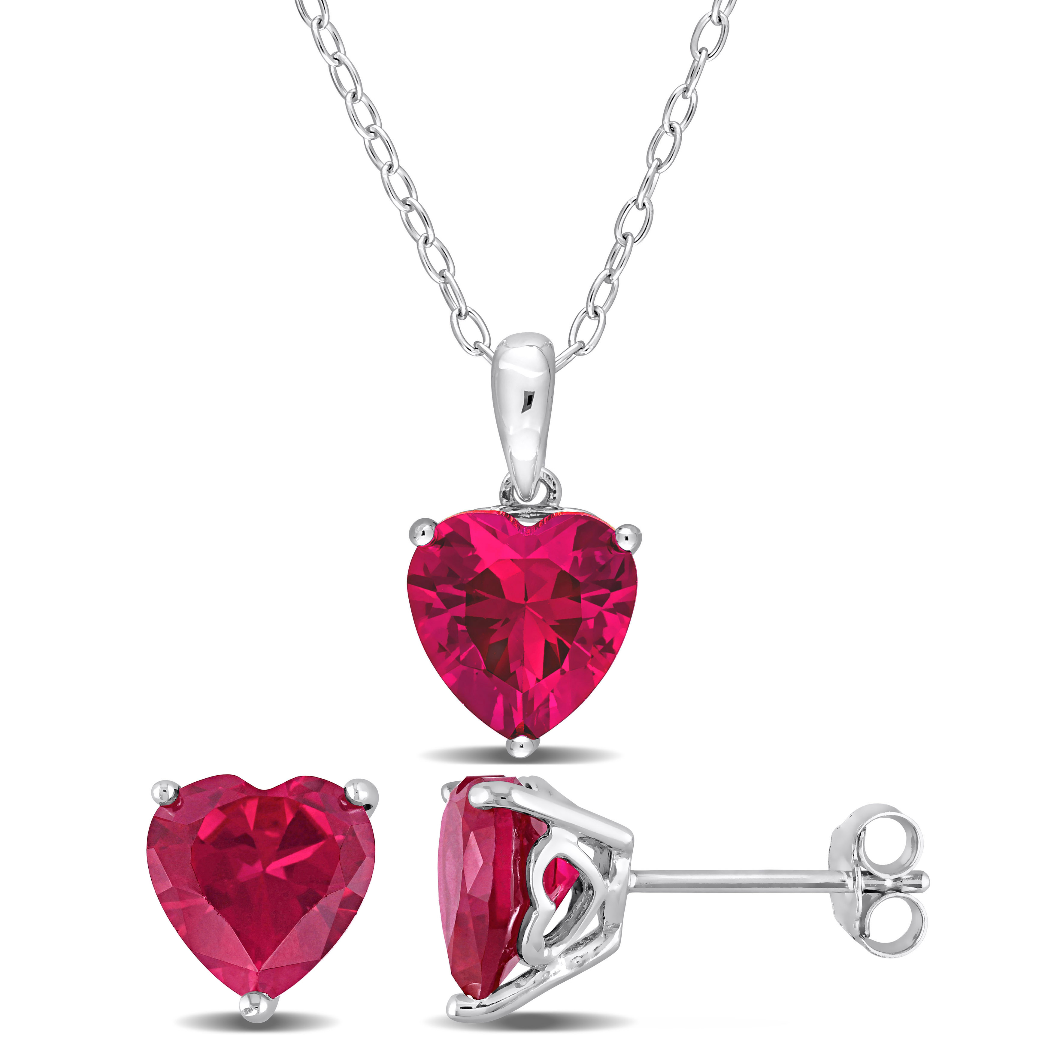 8 1/2 CT TGW Heart-Shape Created Ruby 2-Piece Set of Pendant with Chain and Earrings in Sterling Silver