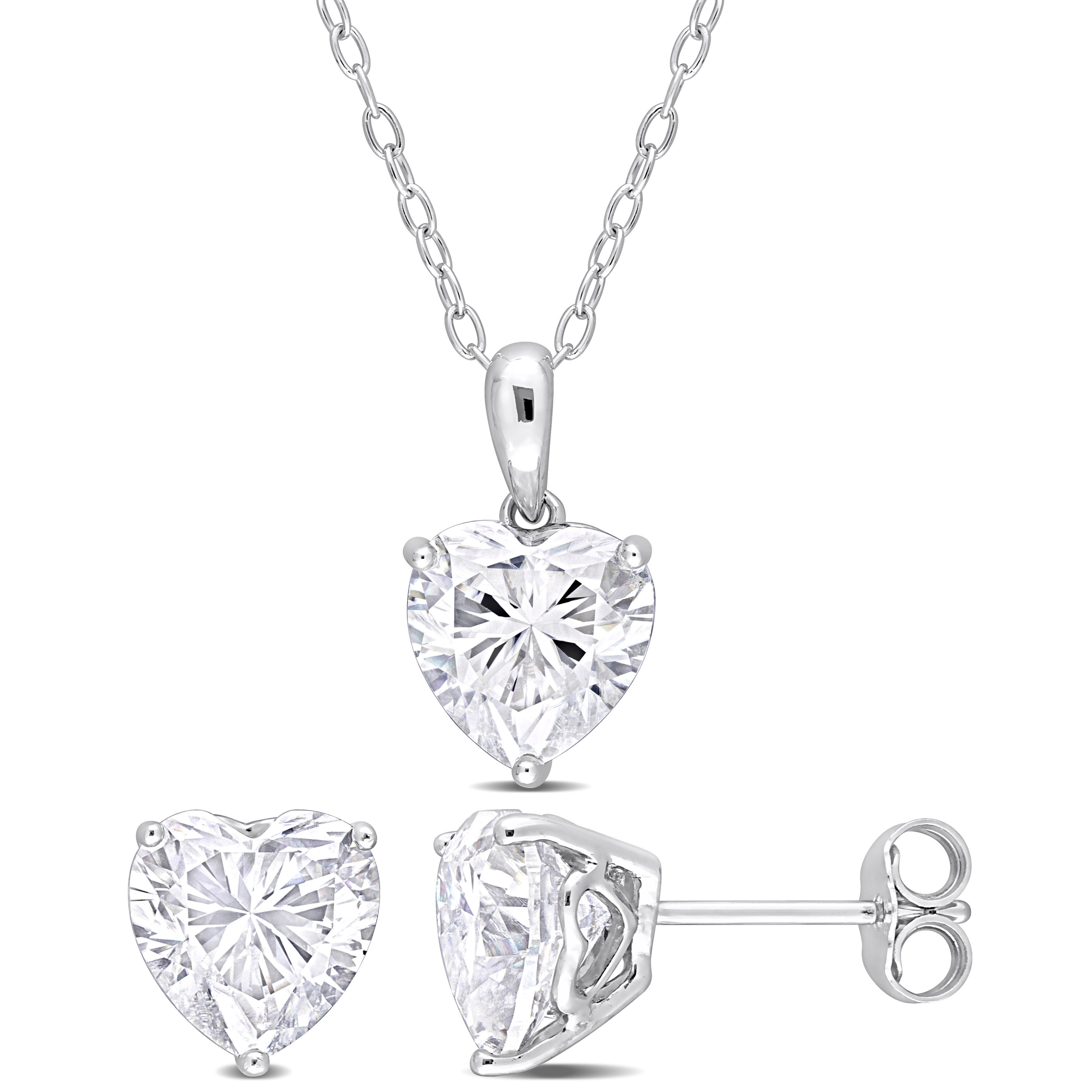 6 CT TGW Heart-Shape Created Moissanite 2-Piece Solitaire Pendant with Chain and Stud Earrings Set in Sterling Silver