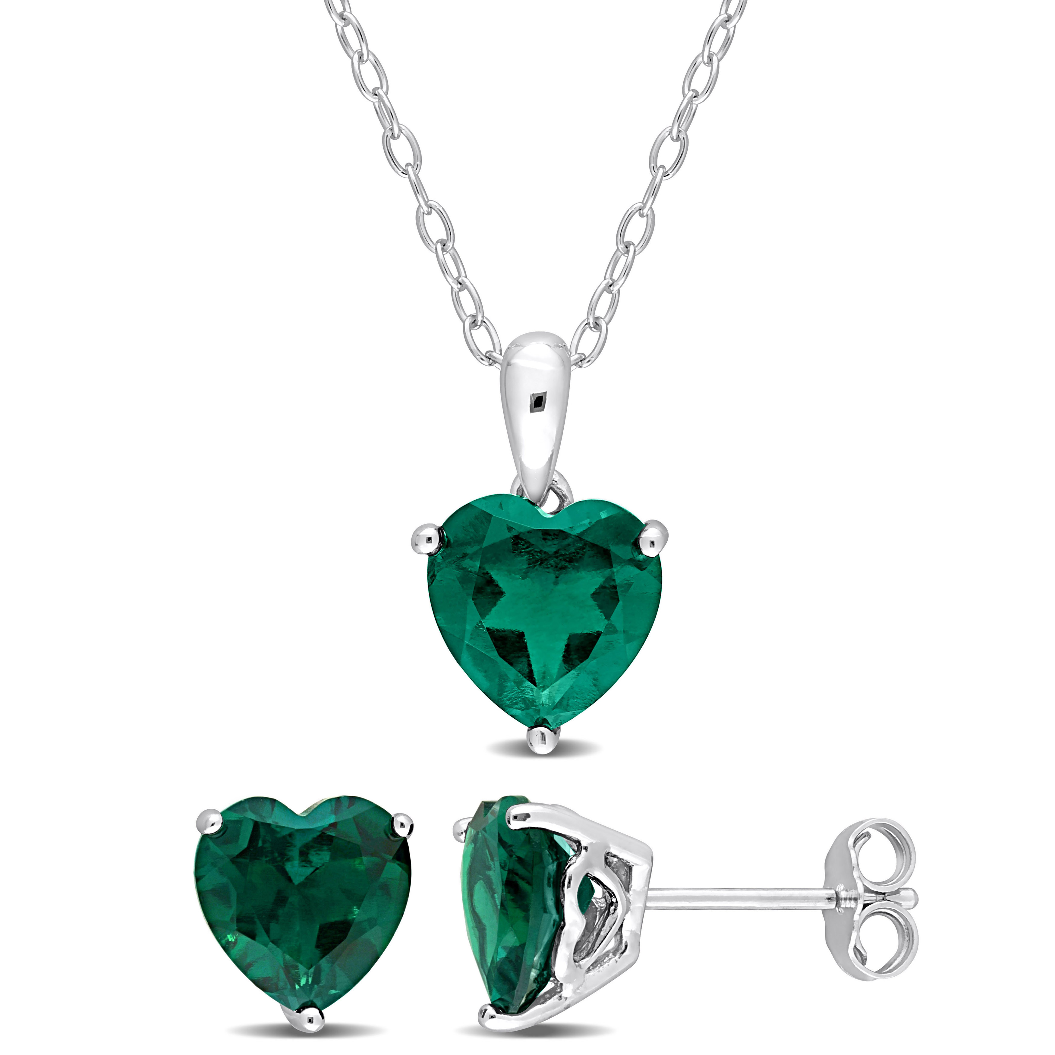 4 1/2 CT TGW Heart-Shape Created Emerald 2-Piece Set of Pendant with Chain and Earrings in Sterling Silver