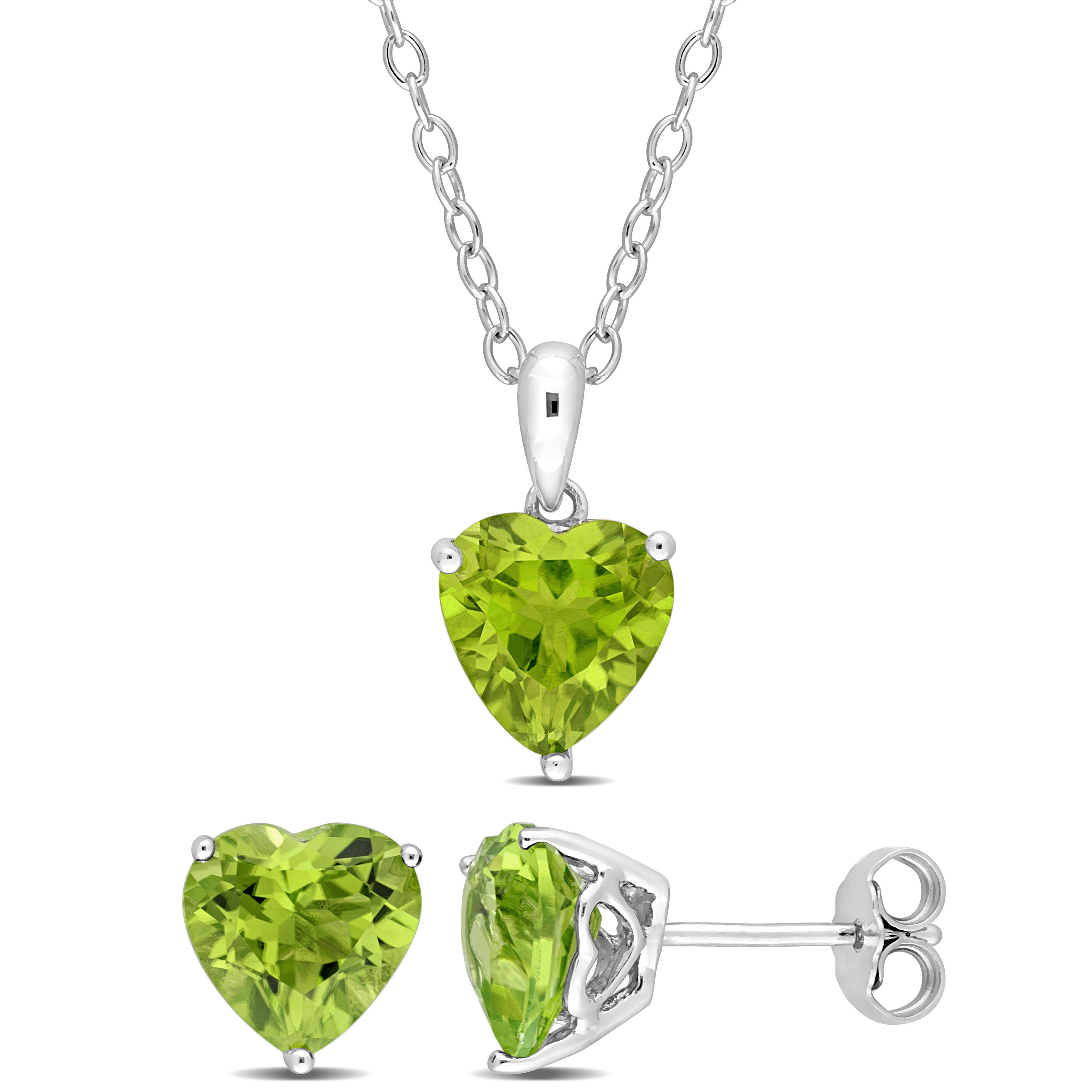 5 CT TGW Heart-Shape Peridot 2-Piece Solitaire Pendant with Chain and Stud Earrings Set in Sterling Silver