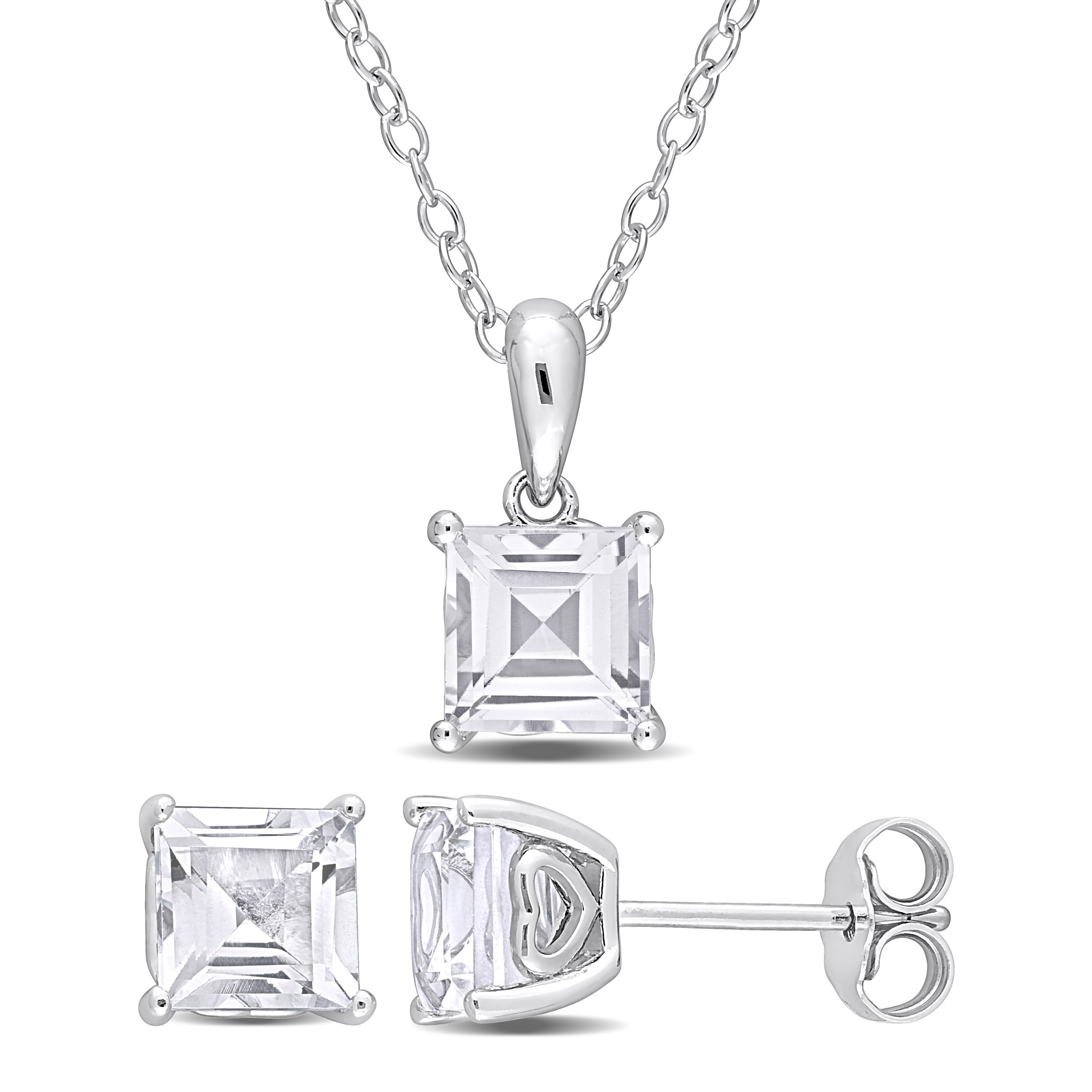 4 CT TGW Square White Topaz 2-Piece Set of Pendant with Chain and Earrings in Sterling Silver
