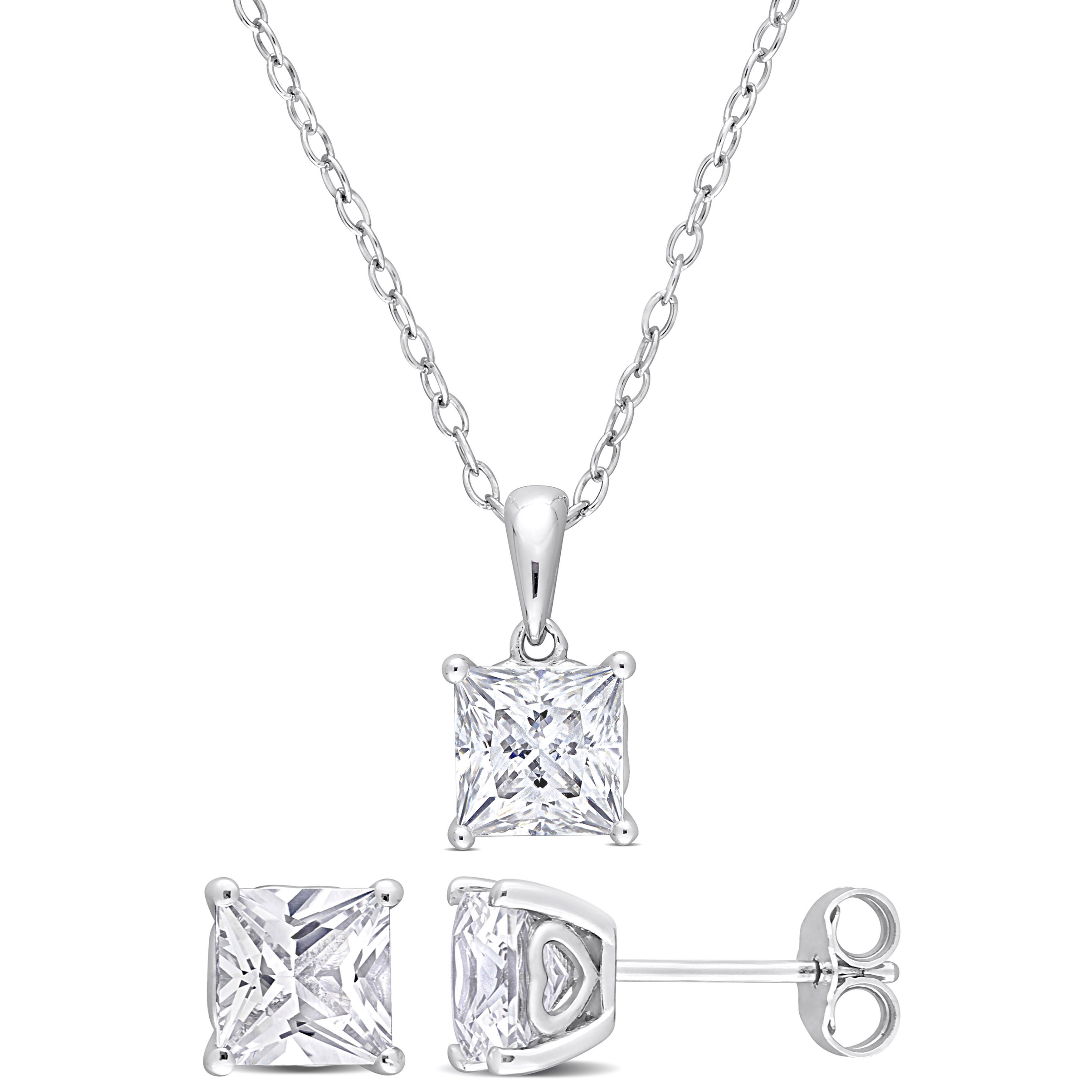 3 7/8 CT TGW Square Created White Sapphire 2-Piece Solitaire Pendant with Chain and Stud Earrings Set in Sterling Silver