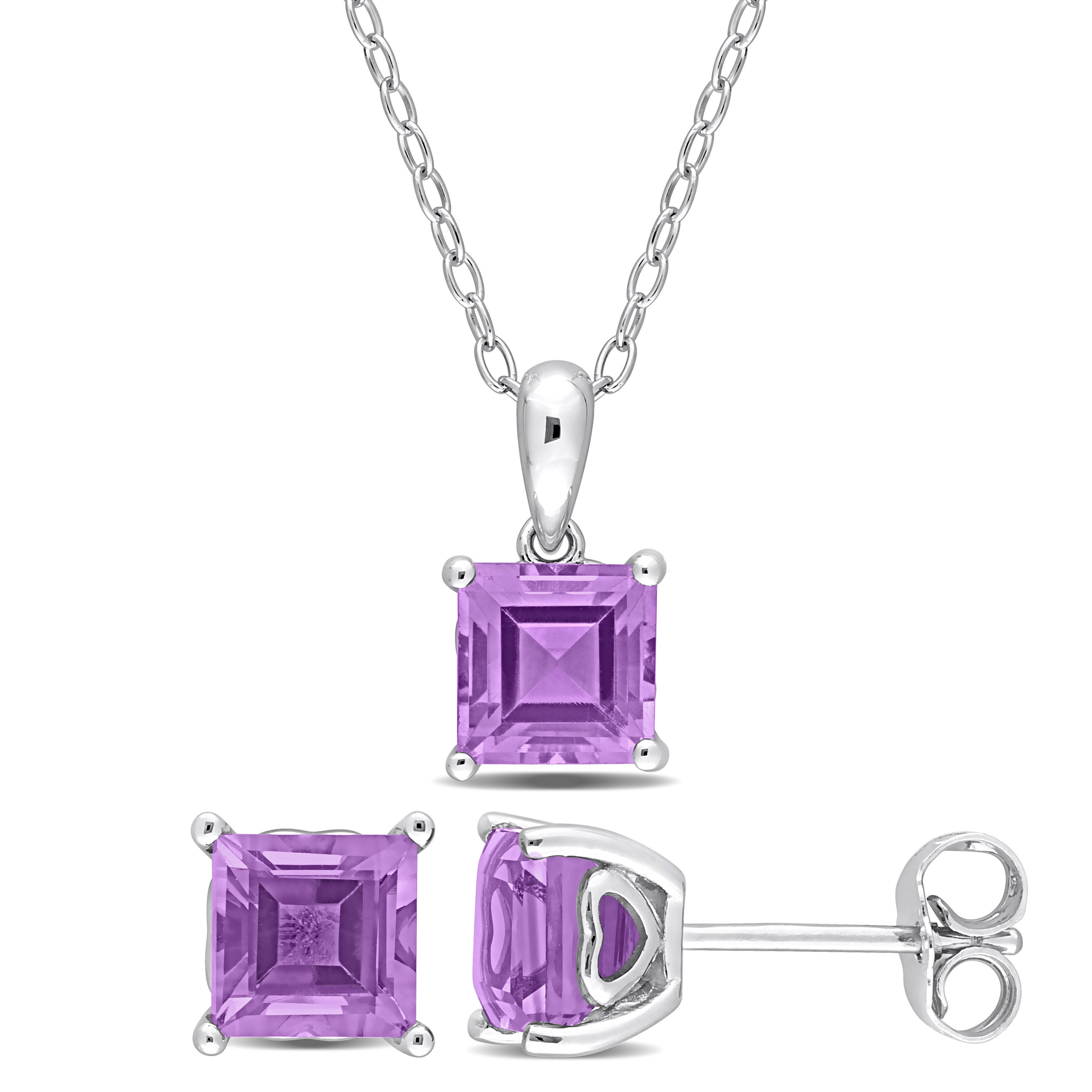 3 CT TGW Square Amethyst 2-Piece Solitaire Pendant with Chain and Stud Earrings Set in Sterling Silver