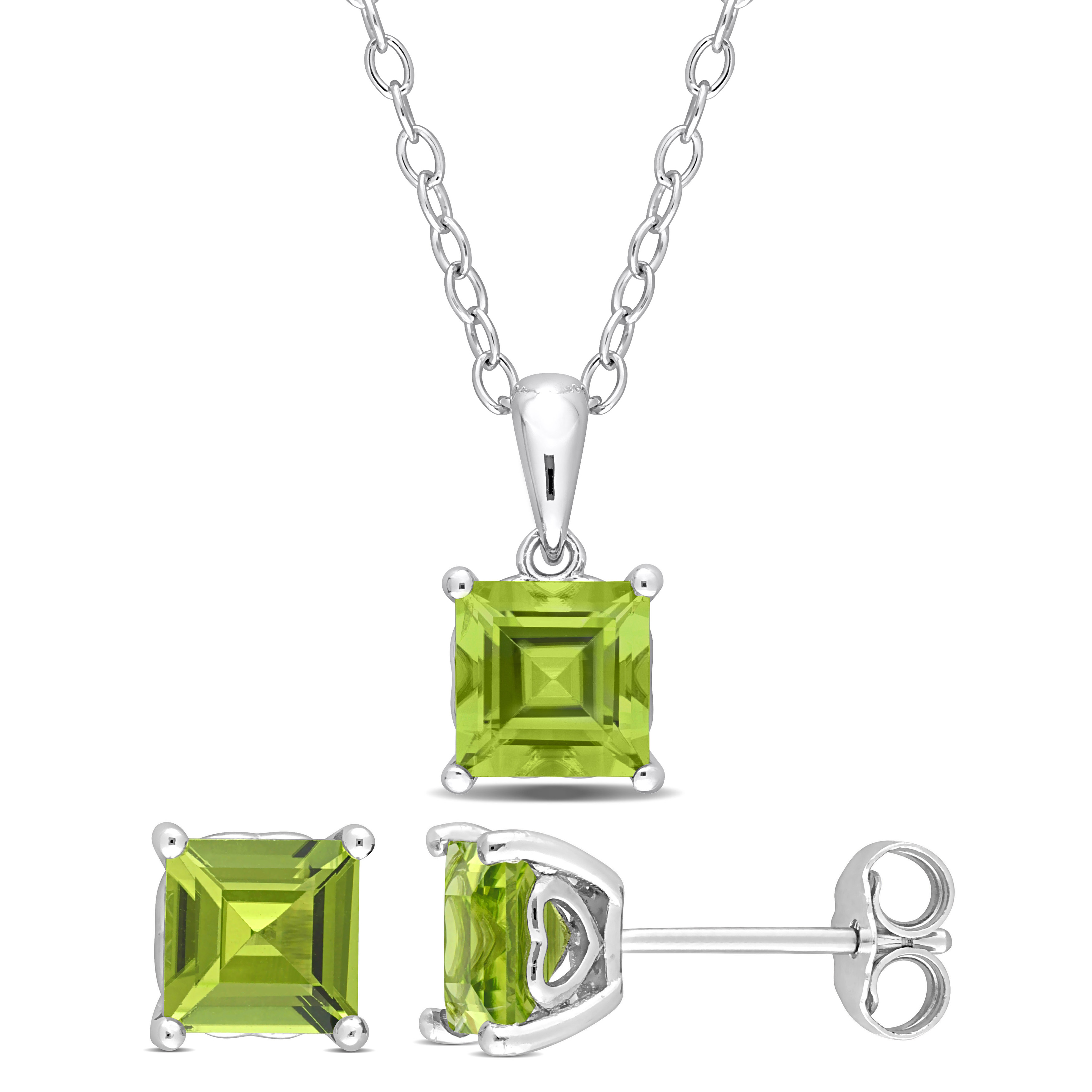 3 5/8 CT TGW Square Peridot 2-Piece Set of Pendant with Chain and Earrings in Sterling Silver